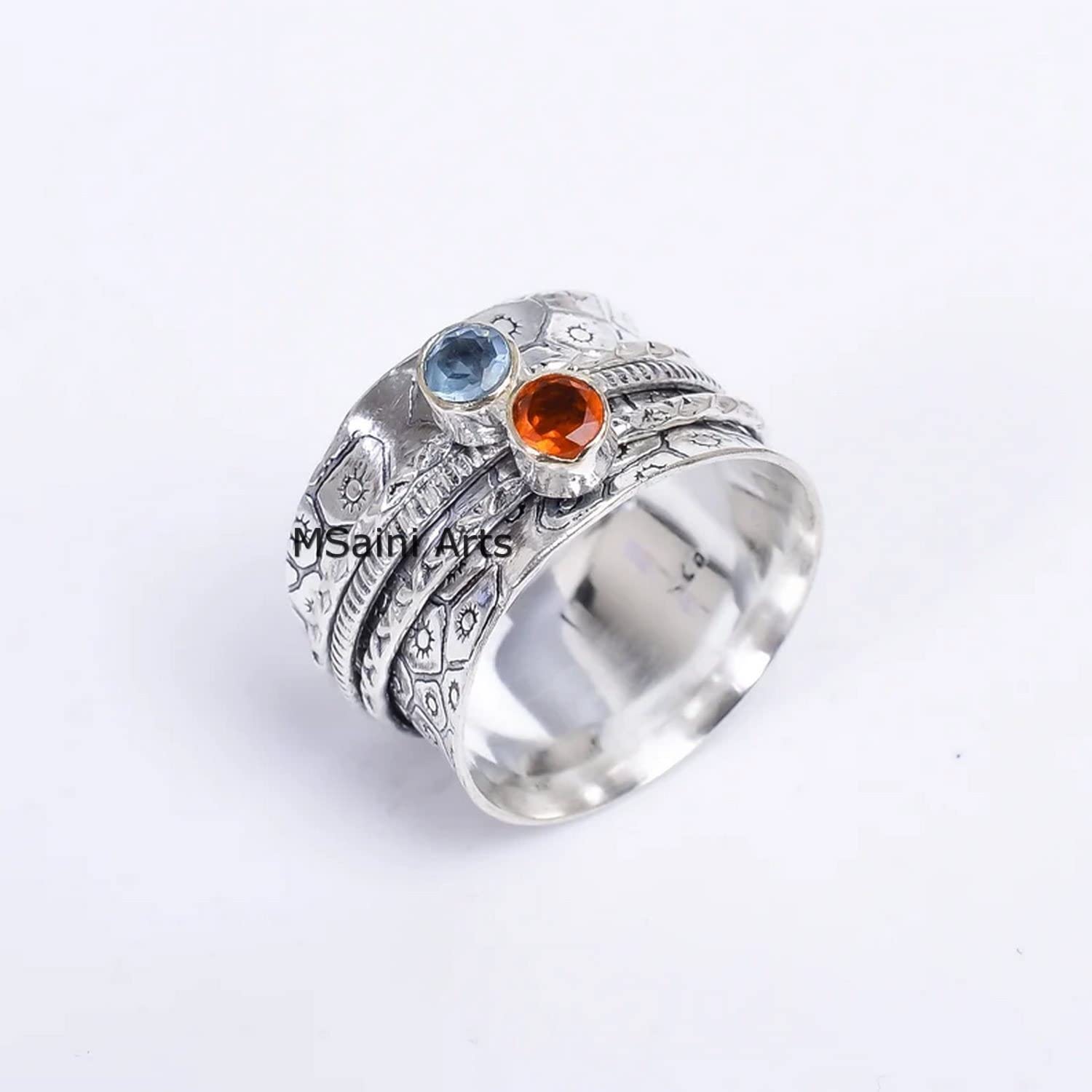 925 Sterling Silver Spinner Ring for Women & Men - Natural Garnet & Blue Topaz Gemstone Handcrafted Jewelry - Stress Relief, Anxiety Relief, Meditation & Fashion Accessory