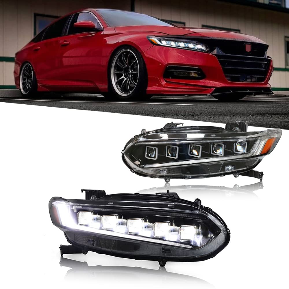 2018-2022 Honda Accord LED Headlights Assembly - 5 Lens Matrix Projector with Halo DRL & Sequential Turn Signals - Bugatti Style Replacement Headlamps (1 Pair) - Perfect for Night Driving & Car Customization