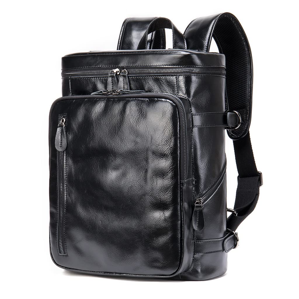Vintage Crazy Horse Leather Backpack for Men - Large Capacity 13 Inch Laptop Daypack - Durable Cowhide Rucksack for Office, School, Business & Travel (Black) - Perfect for Work Commute, College Campus & Weekend Adventures