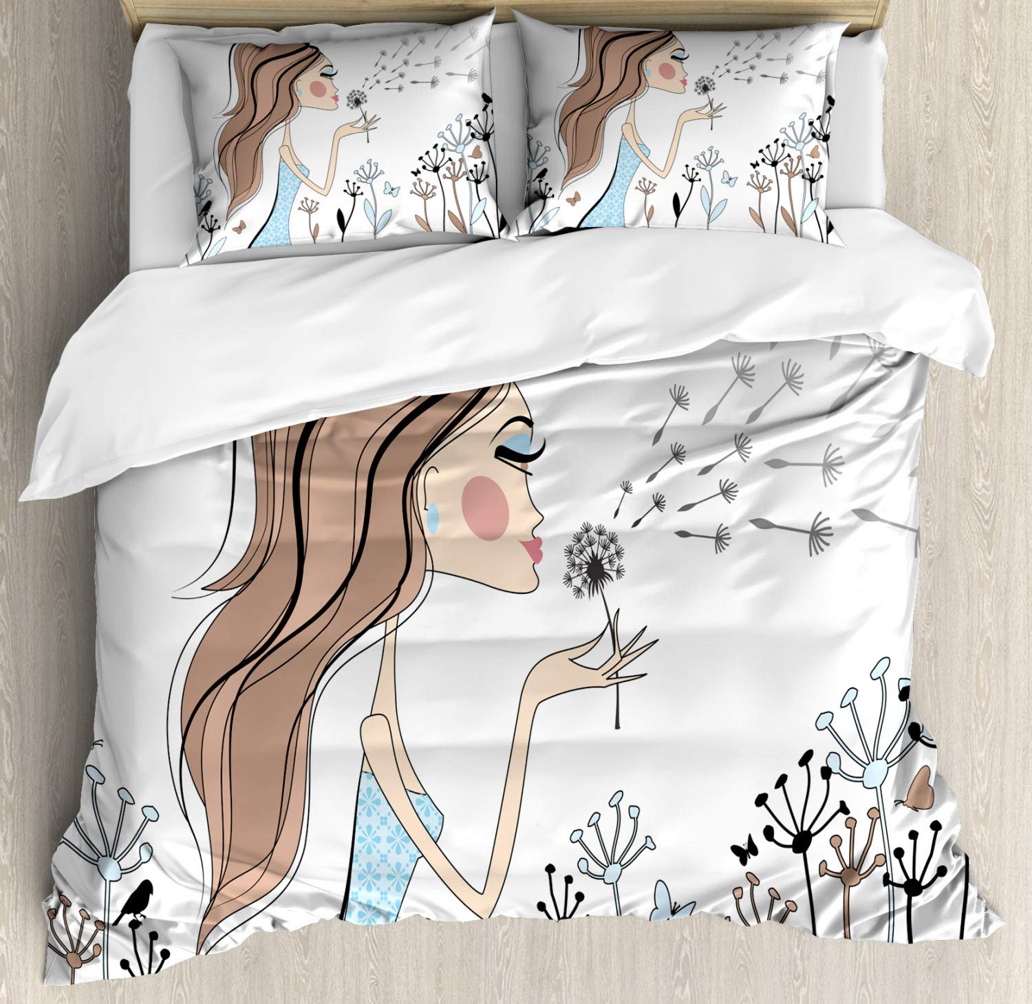 Ambesonne Retro Duvet Cover Set - Fashion Woman with Dandelion Flower Spring Wind Garden Sketchy Illustration, 3-Piece King Size Bedding Set with 2 Pillow Shams in Warm Taupe & Blue | Perfect for Bohemian Bedroom Decor, Guest Room Makeover & Cozy Home Styling