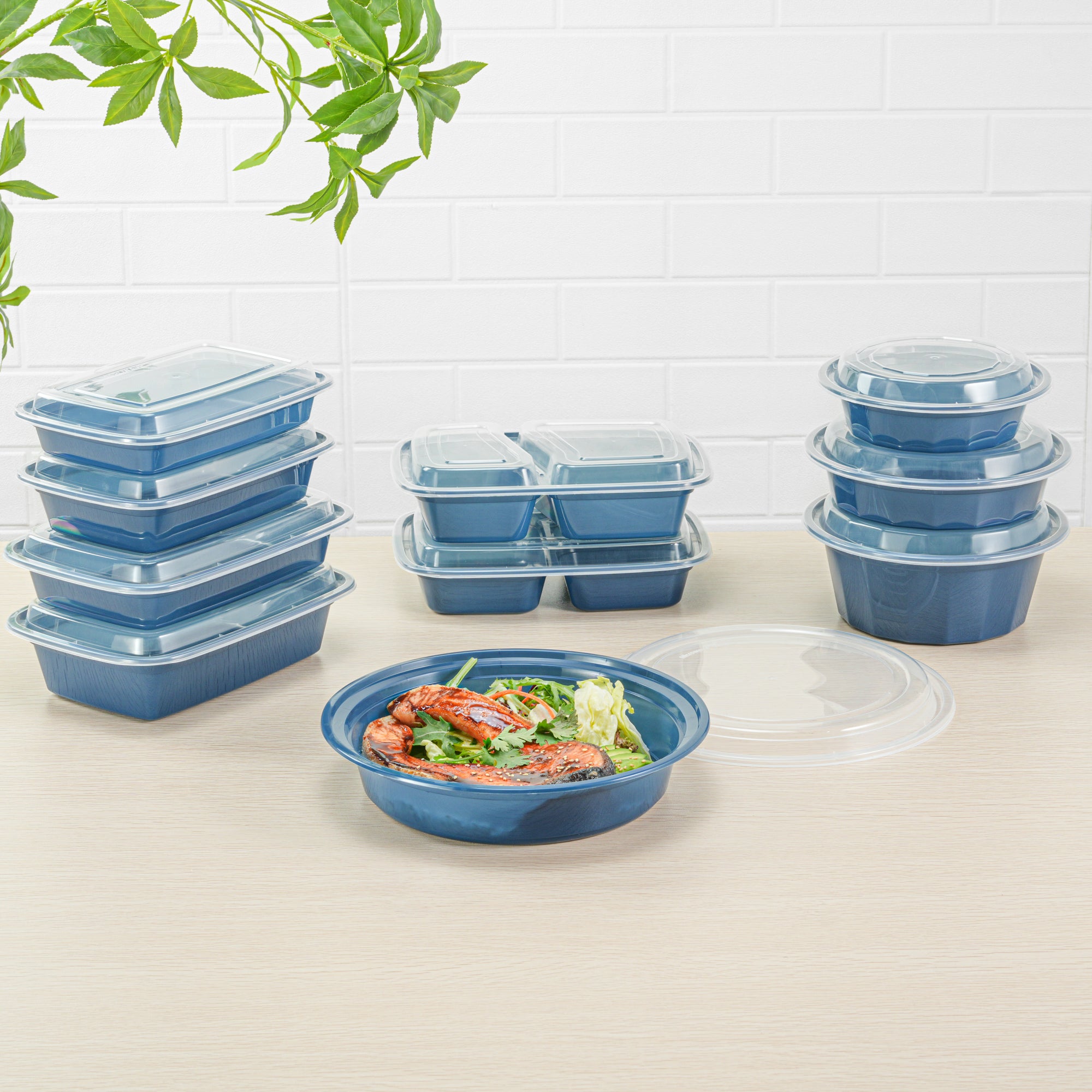 48oz Midnight Blue Plastic Food Storage Containers with Clear Lids - 9x9x1.75 Inches, Microwave Safe, 100-Pack - Perfect for Meal Prep, Takeout, Leftovers & Restaurant Bulk Storage