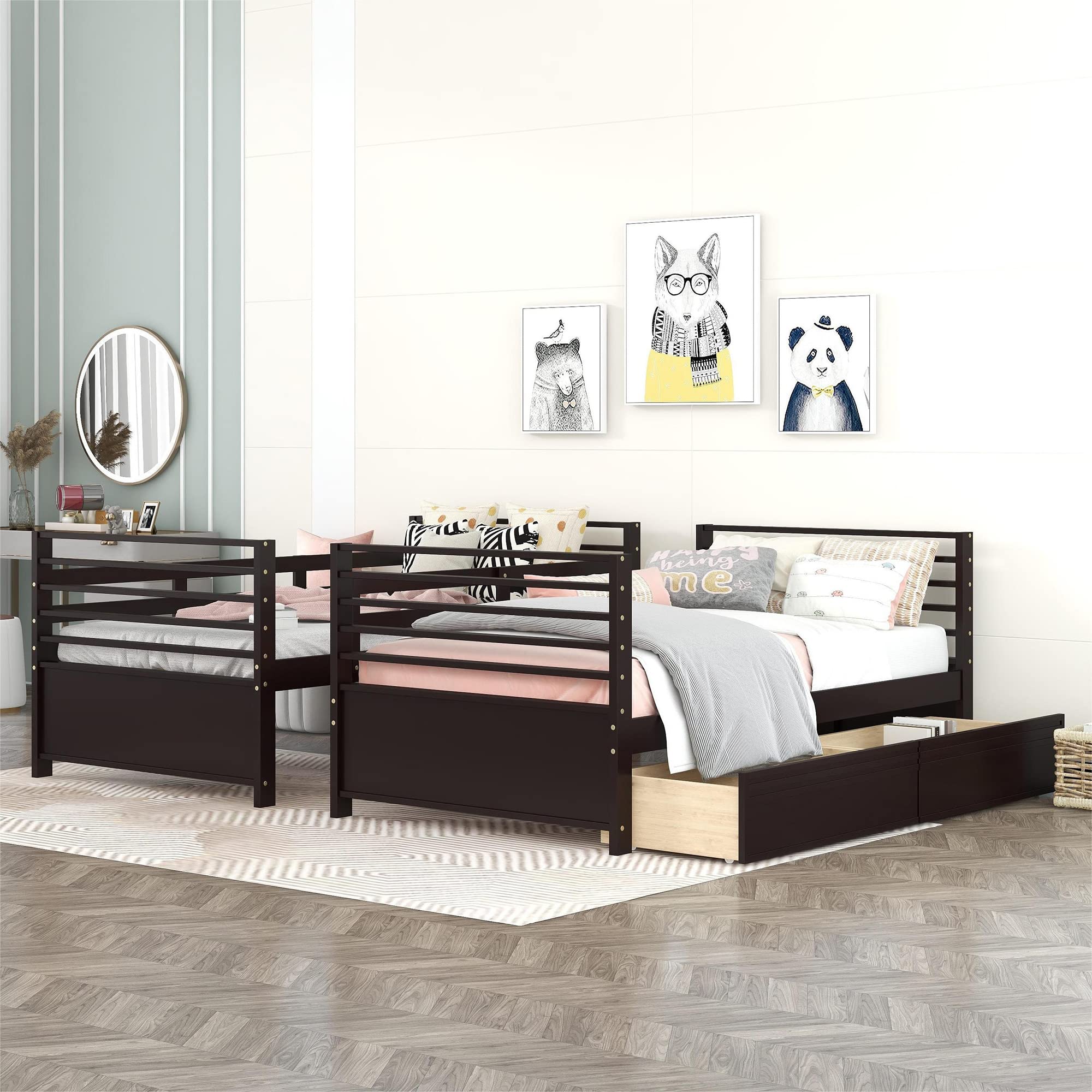 P PURLOVE Twin Over Twin Wood Bunk Bed Frame with 2 Storage Drawers & Removable Ladder - Converts to 2 Single Beds - No Box Spring Needed - Espresso Finish - Perfect for Kids, Teens & Small Bedrooms