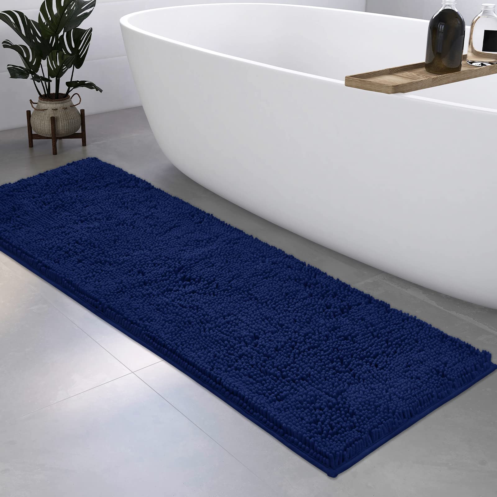 HOMEIDEAS Navy Blue Bathroom Rug Runner 17x47 Inch - Ultra Soft, Absorbent, Non-Slip Chenille Plush Shower Mat - Machine Washable Bath Carpet for Bathroom, Shower, and Vanity Areas - Perfect for Modern and Cozy Home Decor
