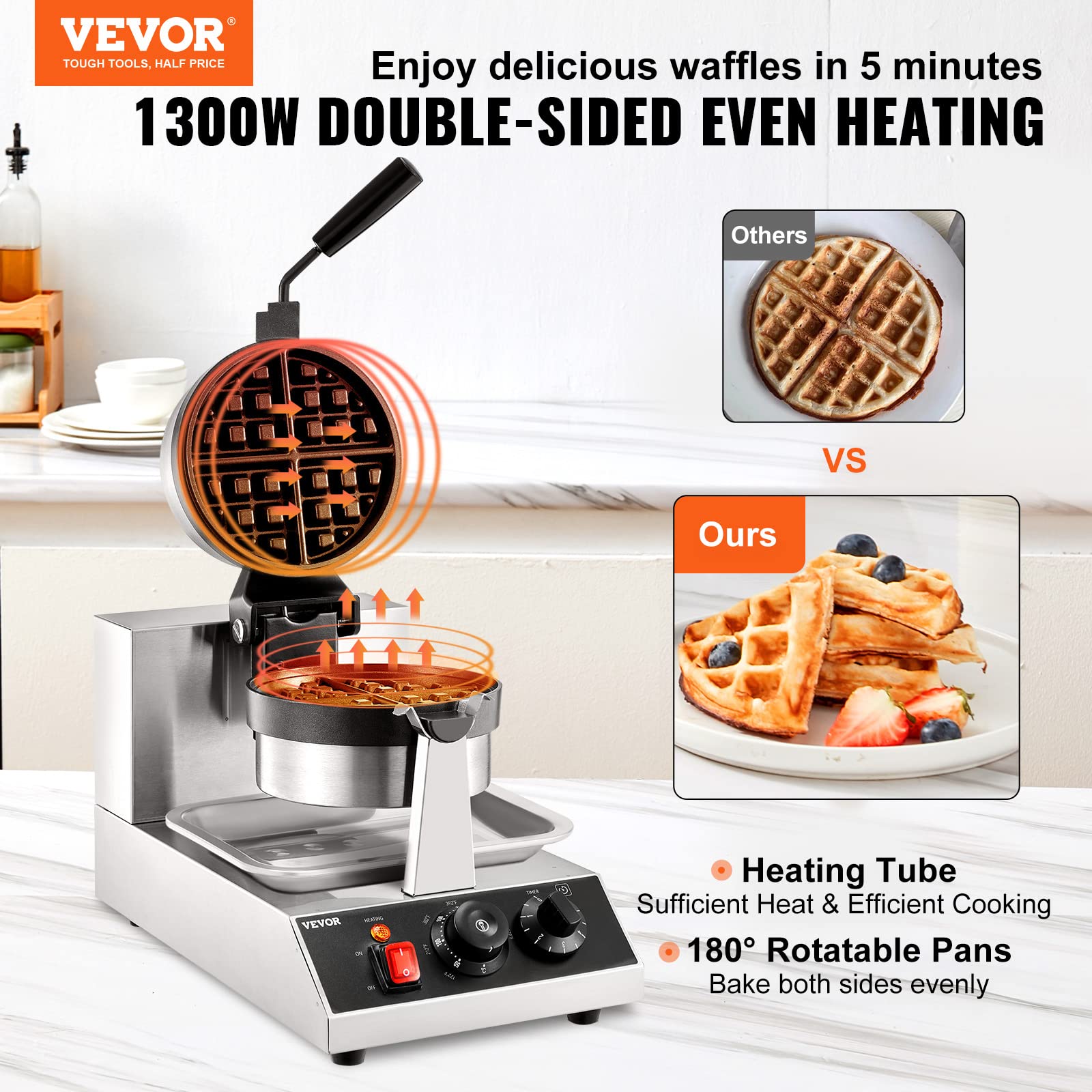 VEVOR Commercial Waffle Maker - 1300W Round Waffle Iron with Non-Stick Teflon Coating, 1 Piece per Batch, Adjustable Temperature 122-572°F (50-300°C), Stainless Steel Body, 120V - Perfect for Restaurants, Cafes, and Breakfast Catering