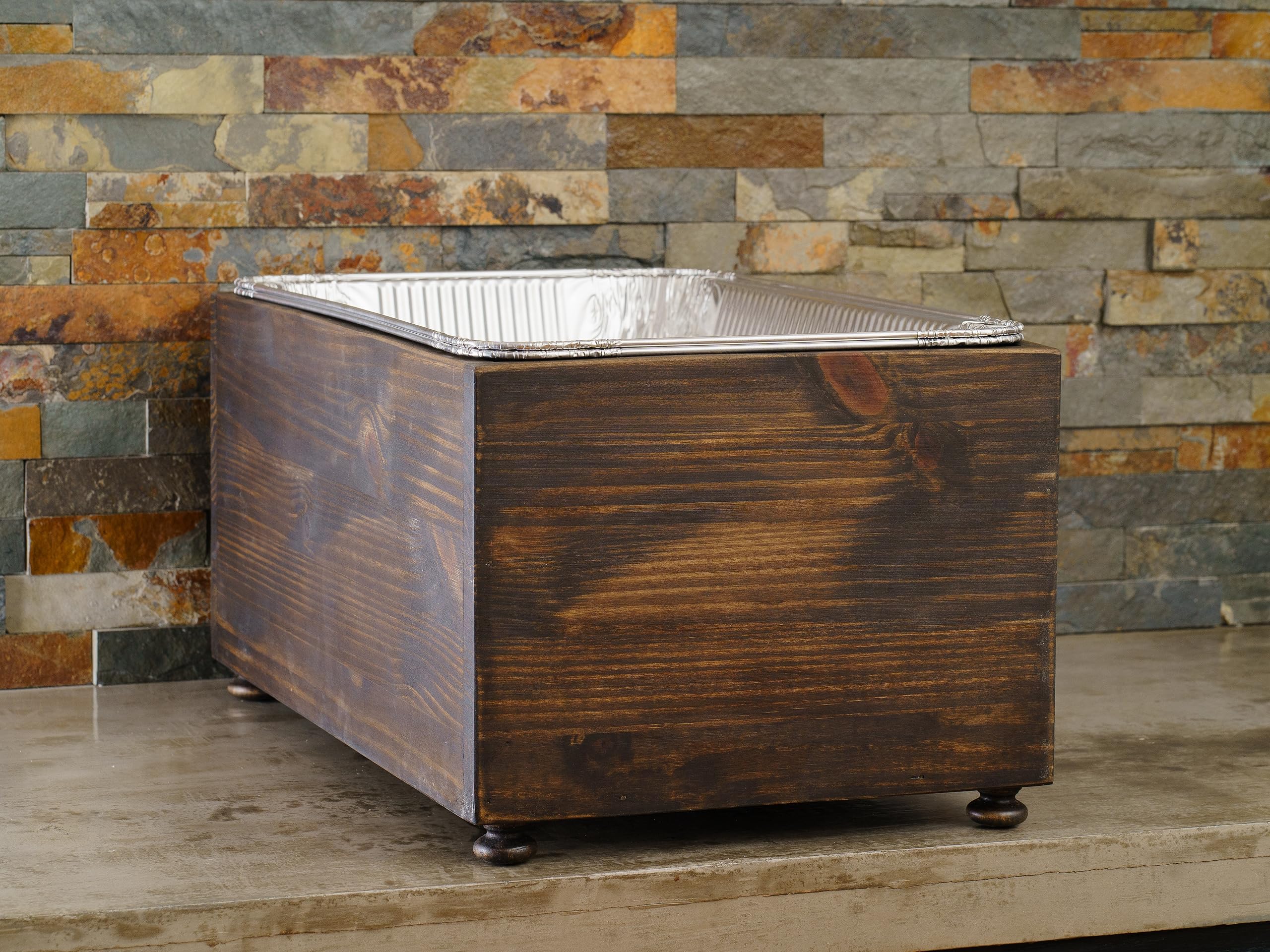 Full Size Wooden Chafing Dish Stand with Disposable Foil Pan Holder - Buffet Serving Rack for Catering, Farmhouse Events & Steam Table Pans - Includes Sterno Fuel Can Storage | Perfect for Weddings, Banquets & Outdoor Parties