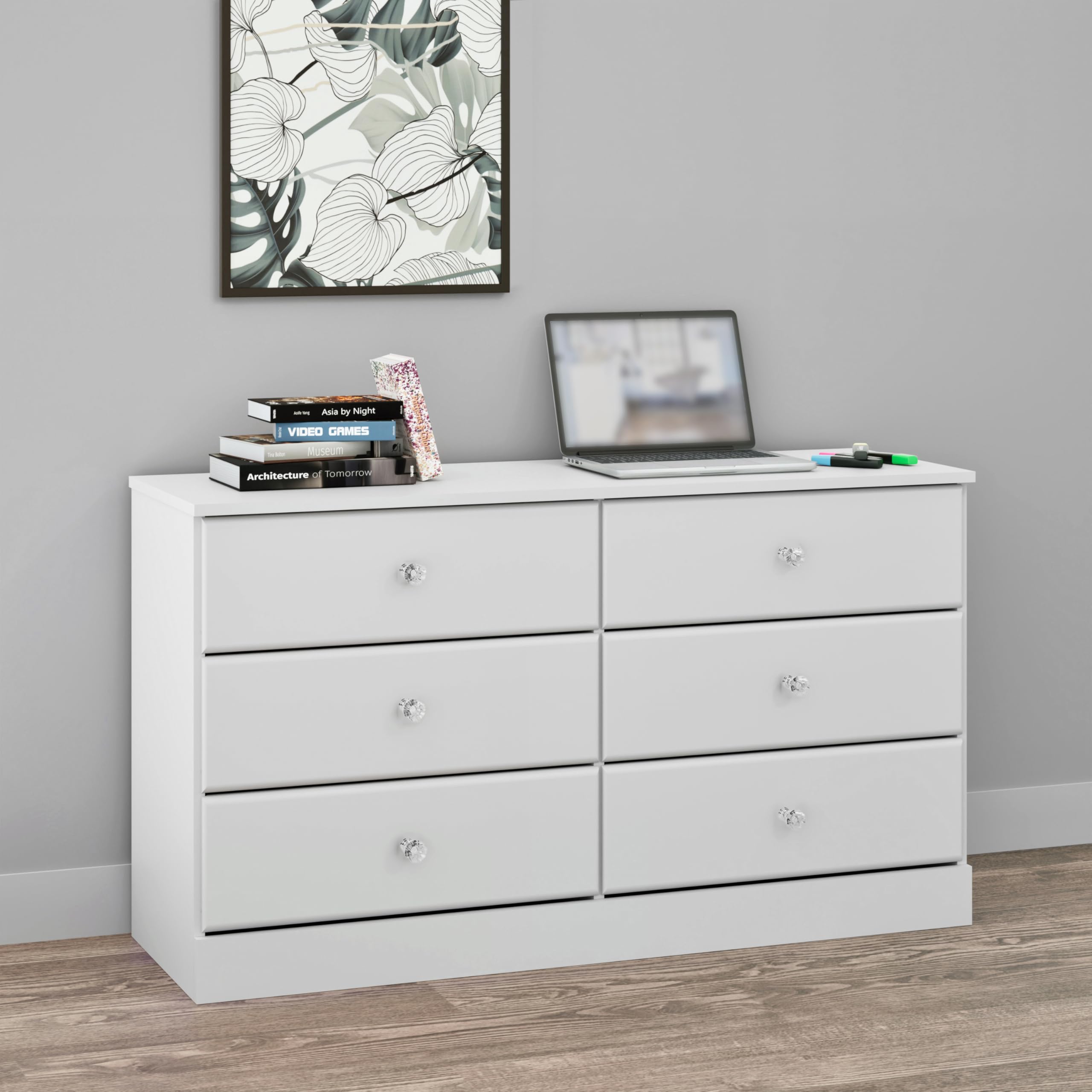 Prepac Astrid 6-Drawer Double Dresser with Crystal Knobs - 47.5