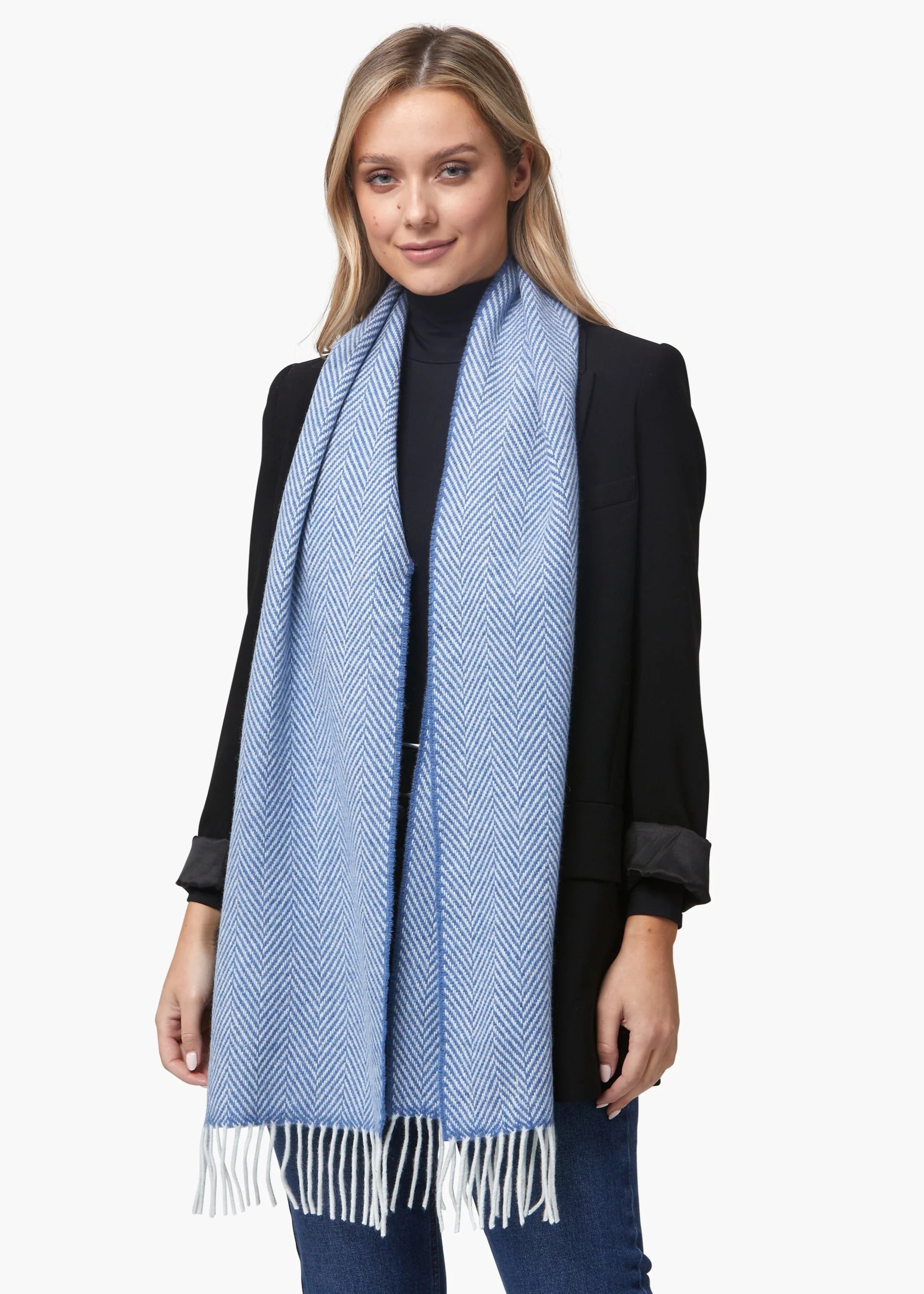 Foxford Merino Cashmere Scarf - Soft Winter Wrap for Women & Men, Blue Herringbone Pattern, Luxury Warm Accessory for Cold Weather, Travel & Outdoor Activities