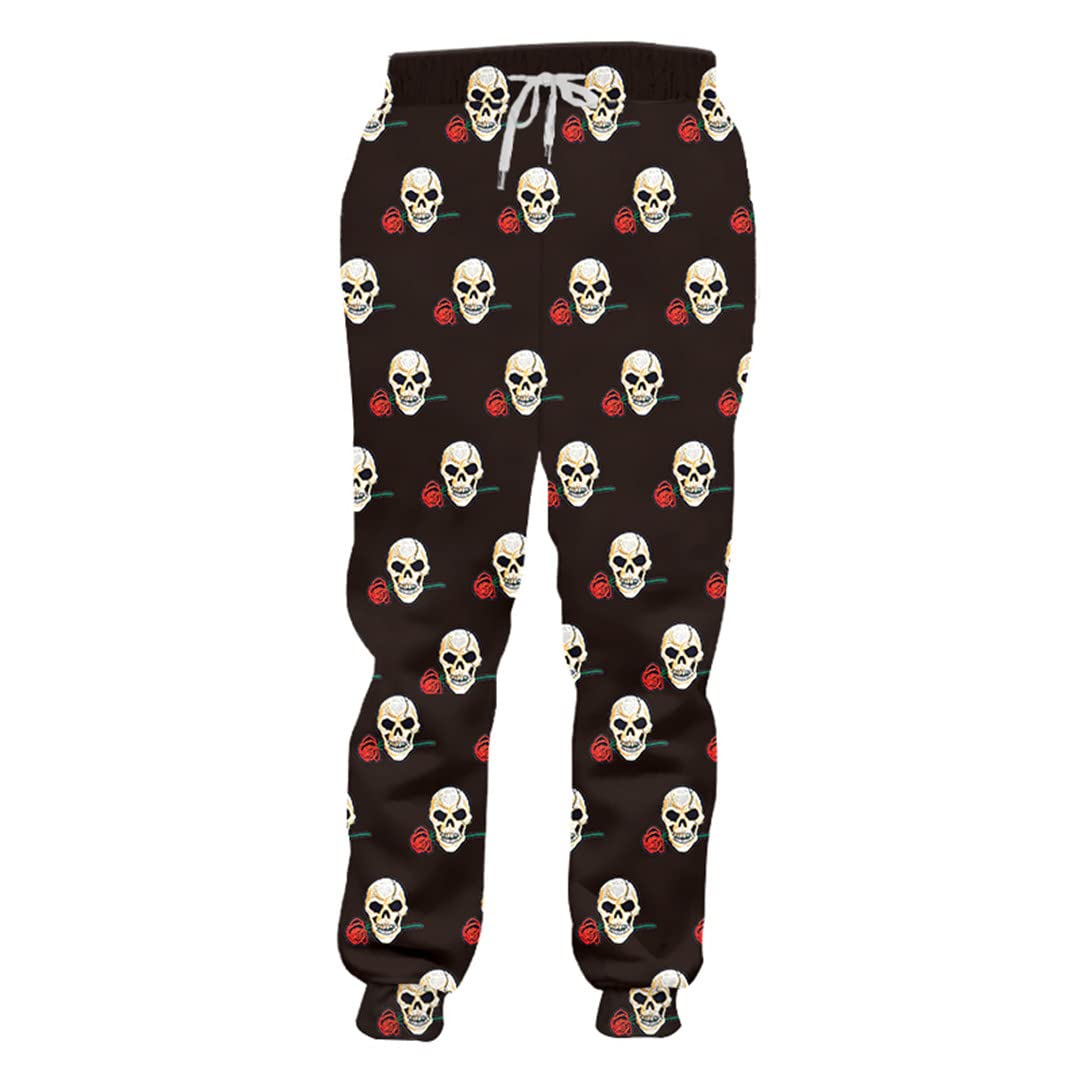 Niaster Men's 3D Printed Rose Skull Sweatpants - Winter Drawstring Loose Fit Casual Pants for Streetwear, Lounge & Gifts (Black)