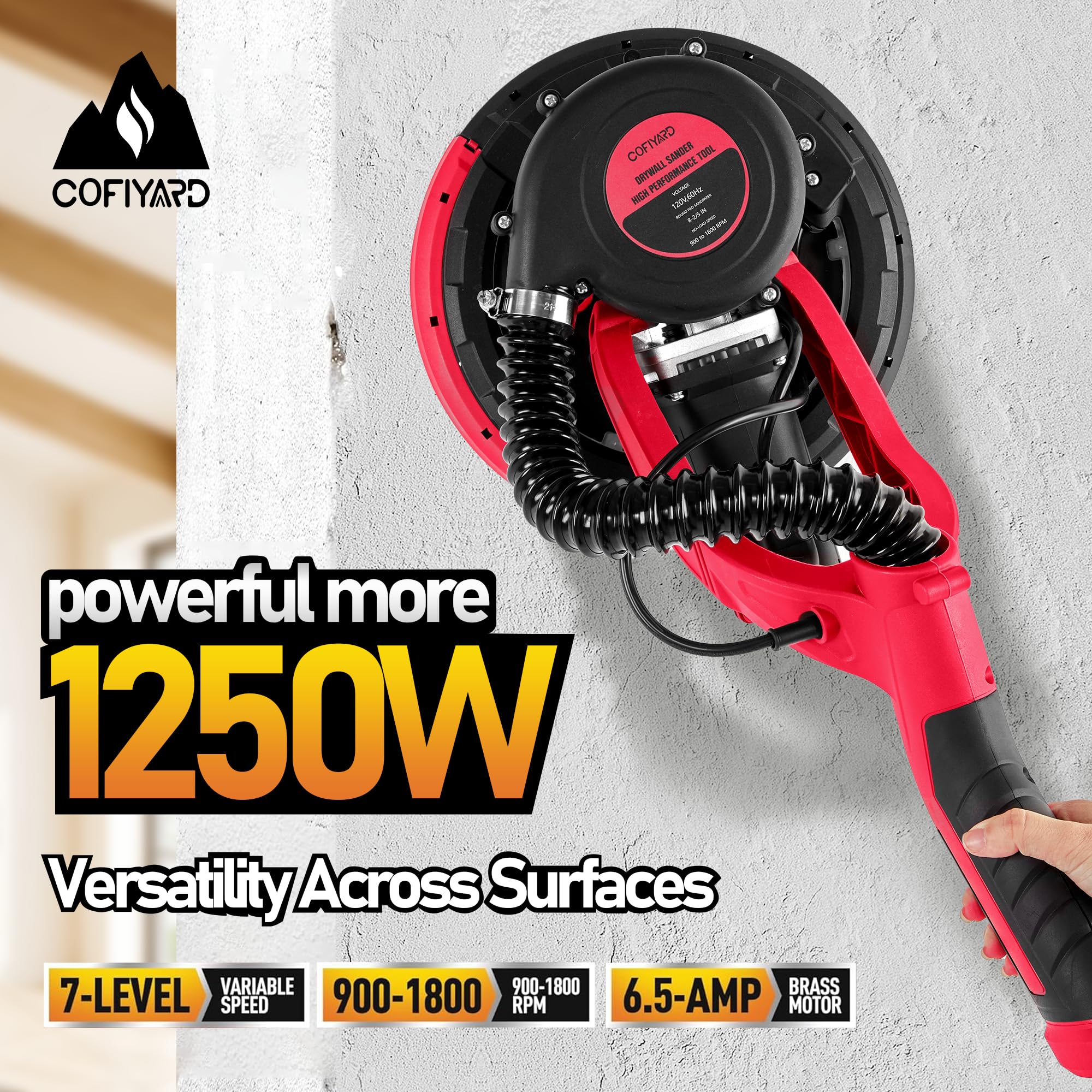 1250W Electric Drywall Sander with Vacuum Dust Collector - 7 Speed Adjustable LED Light (900-1800RPM) - Foldable Extendable Handle for Ceiling & Popcorn Removal - Professional Drywall Sanding Tool for Home Renovation and Construction Projects