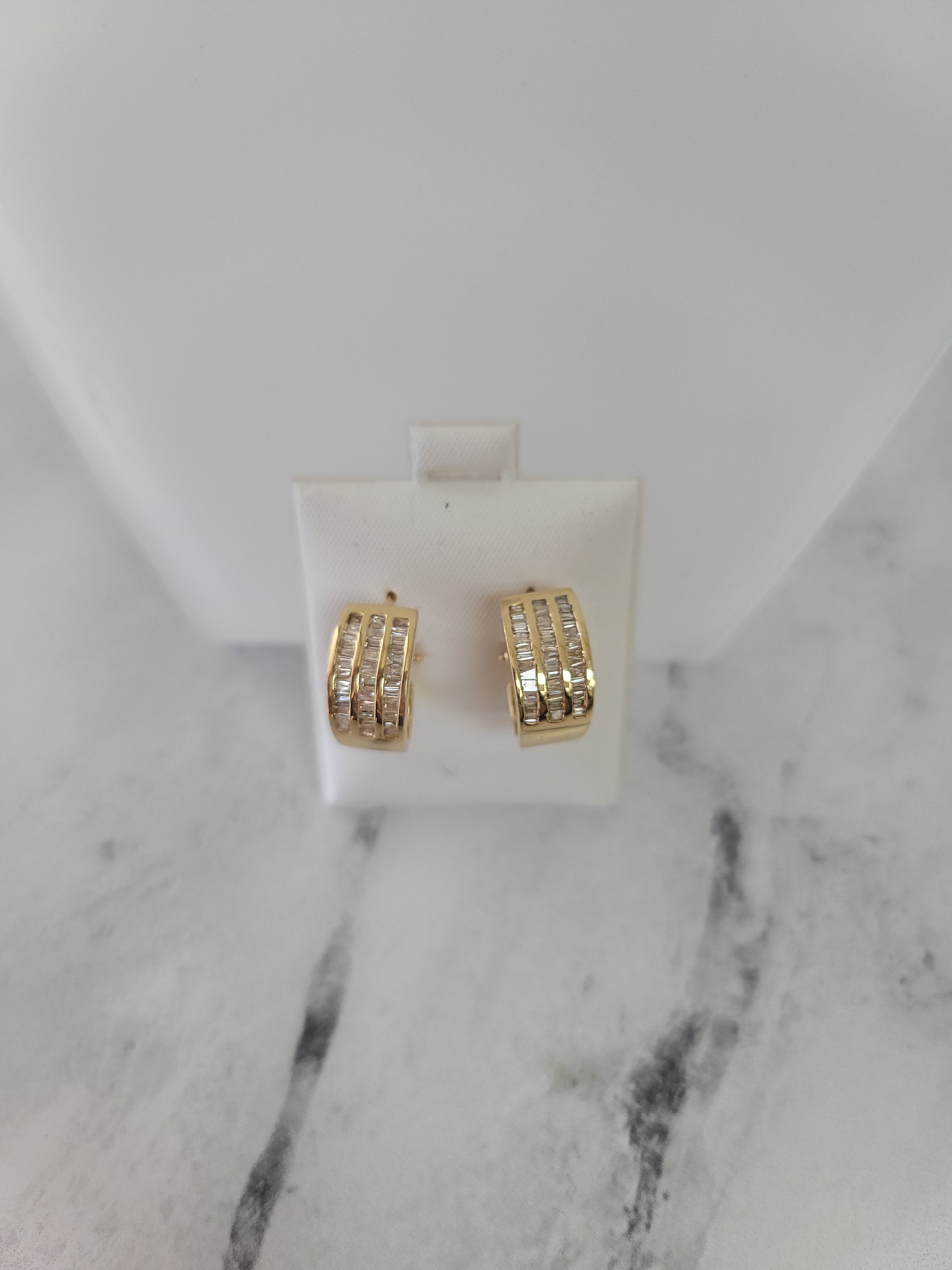 14K Yellow Gold Triple Row Baguette Diamond Earrings .79cttw - Elegant Wedding, Anniversary & Evening Party Jewelry Gift for Women