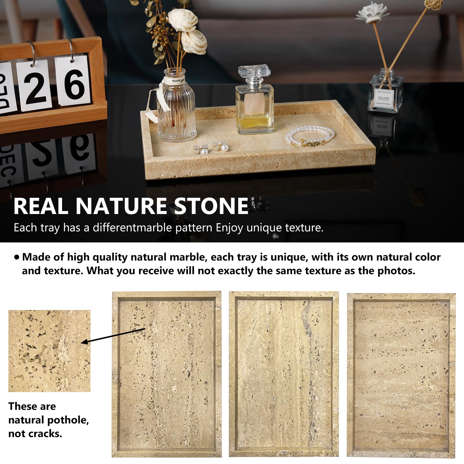Natural Travertine Stone Tray - Rectangle Bathroom Vanity Organizer for Jewelry, Cosmetics & Perfume | Kitchen & Desktop Decorative Tray for Candles, Lotion & Home Decor | Perfect for Spa Days, Wedding Gifts & Luxury Bathroom Storage