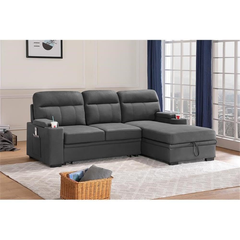 MAKLAINE Modern Microfiber Sectional Sofa with Chaise, Storage & Cup Holders - Gray Contemporary Sleeper Sofa for Living Room, Home Theater & Small Spaces