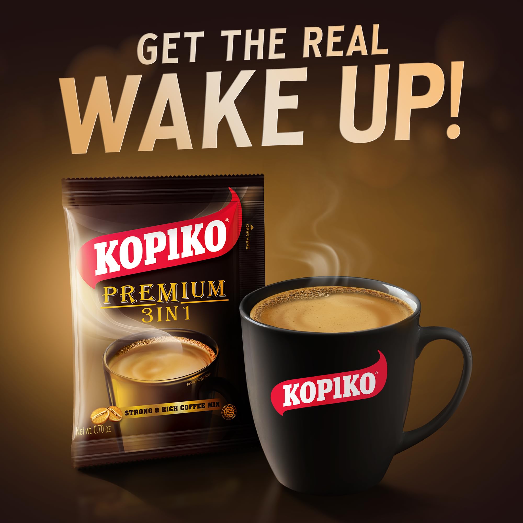 KOPIKO Premium 3-in-1 Instant Coffee Mix - Authentic Indonesian Volcanic Coffee, Strong & Smooth with Creamer & Sugar (7.1oz, 10 Sachets) - Perfect for Office, Travel & Home Brewing