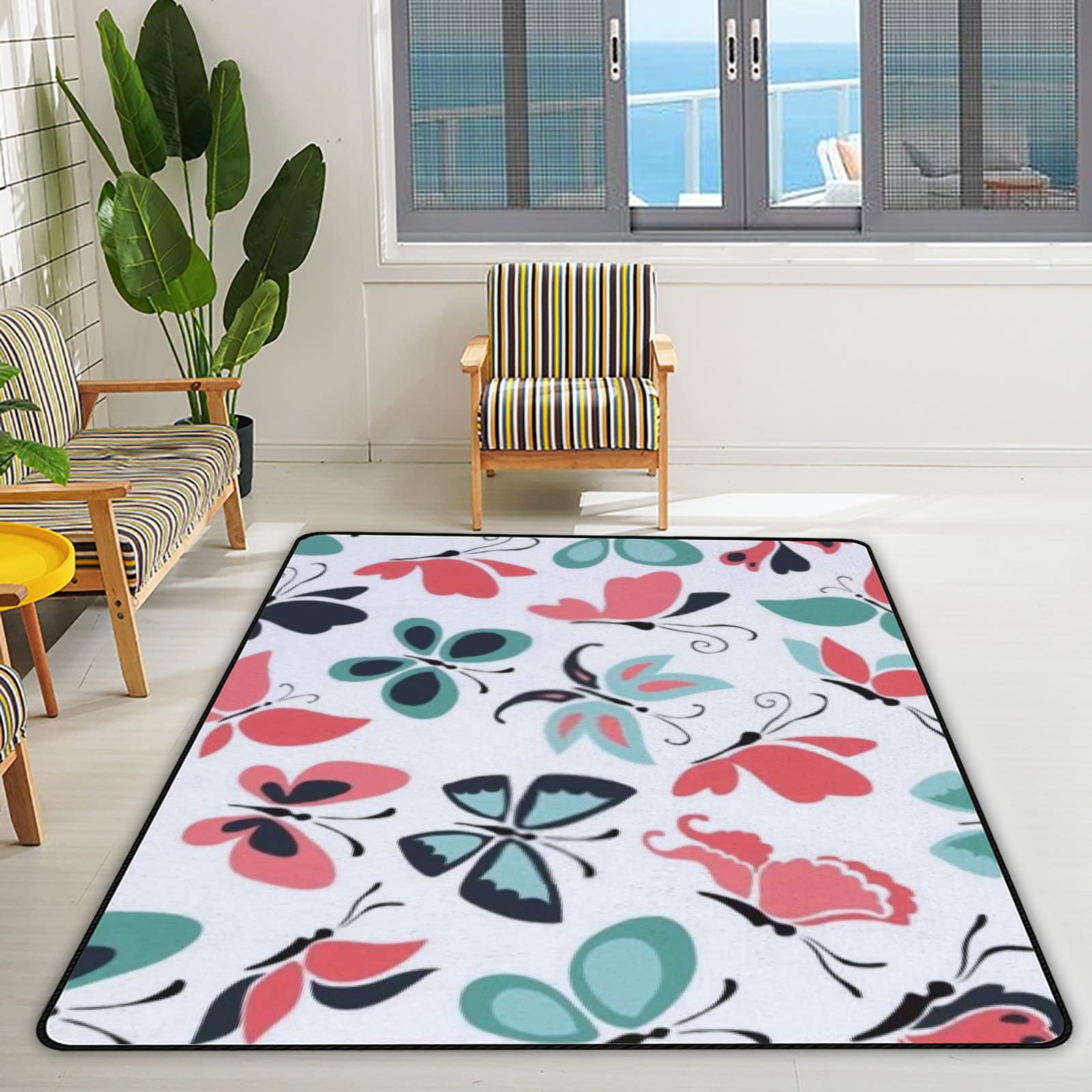 Elegant Butterfly Area Rugs - Non-Slip Soft Large Indoor Floor Mat for Bedroom, Living Room, Nursery, Dorm & Office (80x58in) | Perfect Home Decor for Kids Room, Under Desk & Runner Carpet