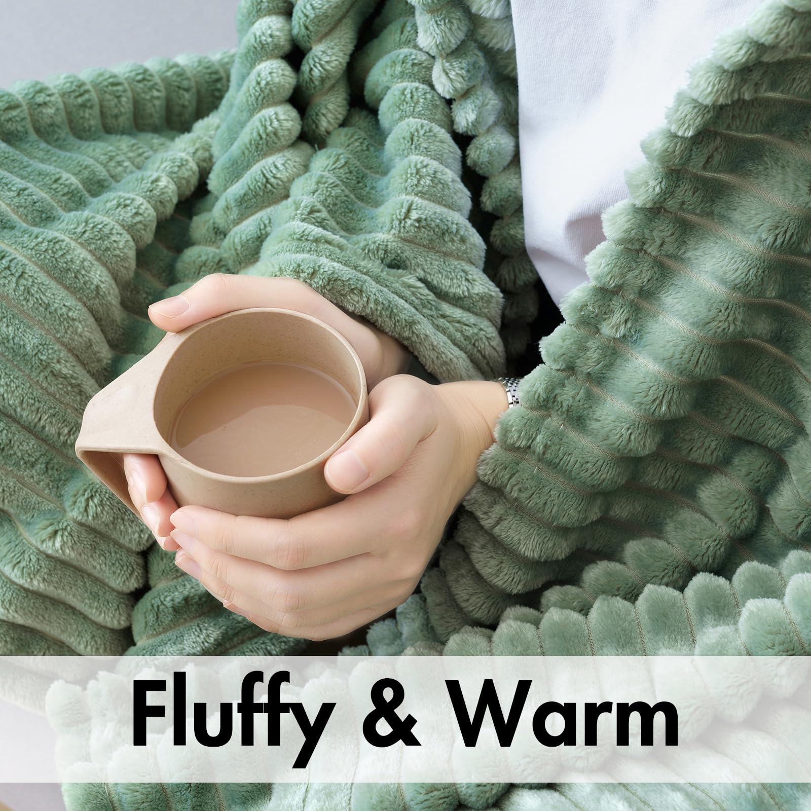 MIULEE 300GSM Super Soft Fleece Throw Blanket - Sage Green Striped 3D Ribbed Jacquard Blanket for Couch, Bed & Sofa | Plush Warm Cozy Blanket (50