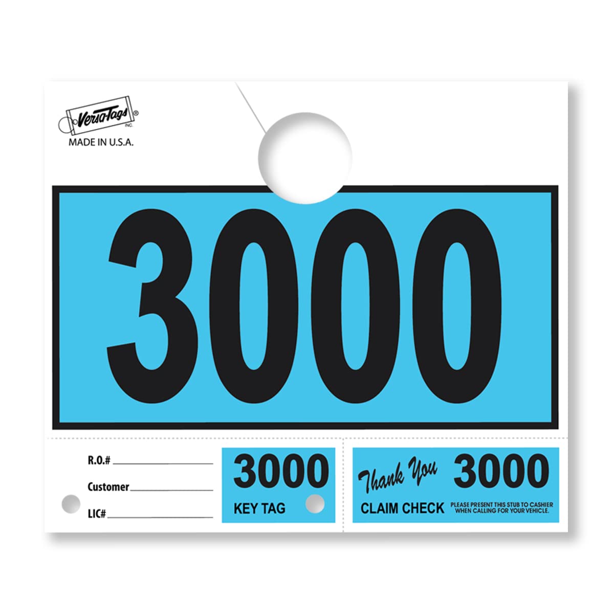 Versa-Tags 1000 Blue Car Dealer Service Hang Tags with 3-Part Key Ring (3000-3999) - Durable Service Dispatch Number Tags for Auto Repair Shops & Mechanics | Perfect for Vehicle Service Tracking & Key Organization