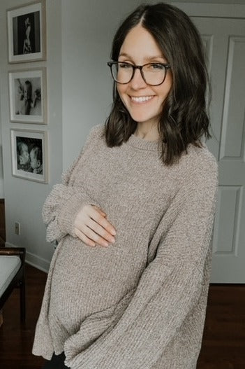 Beige Chenille Knit Balloon Sleeve Maternity Sweater for Women - Soft Cozy Pregnancy Pullover - Perfect for Casual Wear, Baby Shower & Maternity Photos