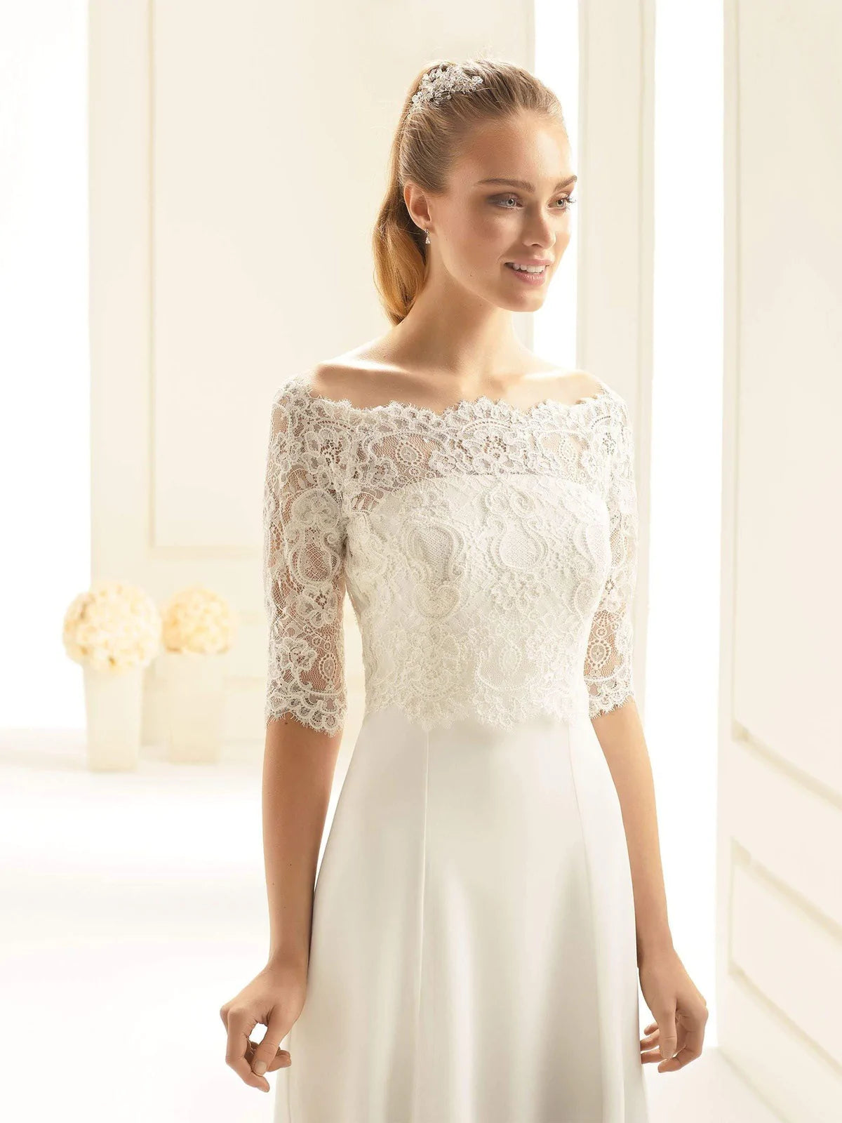 Bianco Evento Ivory Lace Bolero - Elegant Wedding Dress Cover Up & Bridal Lace Top E255 | Perfect for Bridal Showers, Church Weddings & Formal Occasions