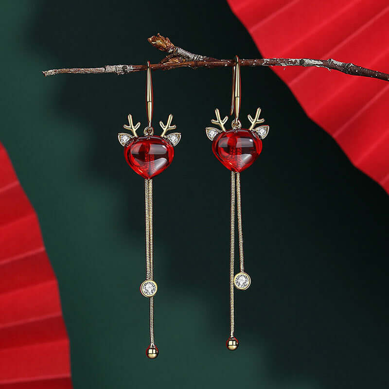 Ruby Corundum Reindeer Dangle Drop Tassel Fringe Christmas Earrings | DC002 | Perfect Holiday Party Accessory & Festive Gift