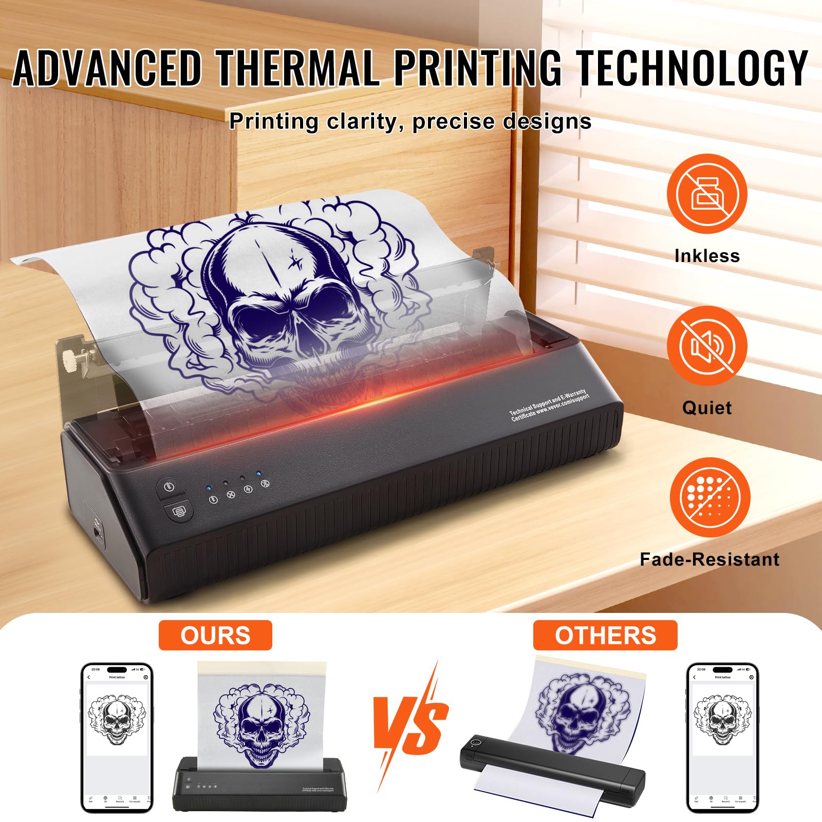 VEVOR Wireless Bluetooth Tattoo Stencil Printer Machine with 10 Transfer Papers - Compatible with iOS, Android, iPad & PC - Portable Tattoo Transfer Kit with Storage Bag - Perfect for Tattoo Artists, Studios & DIY Tattoo Enthusiasts