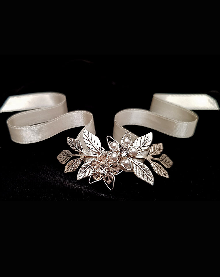 Kezani Jessica Dainty Floral Ribbon Wedding Cuff Bracelet - Elegant Bridal Jewelry for Weddings, Prom & Special Occasions