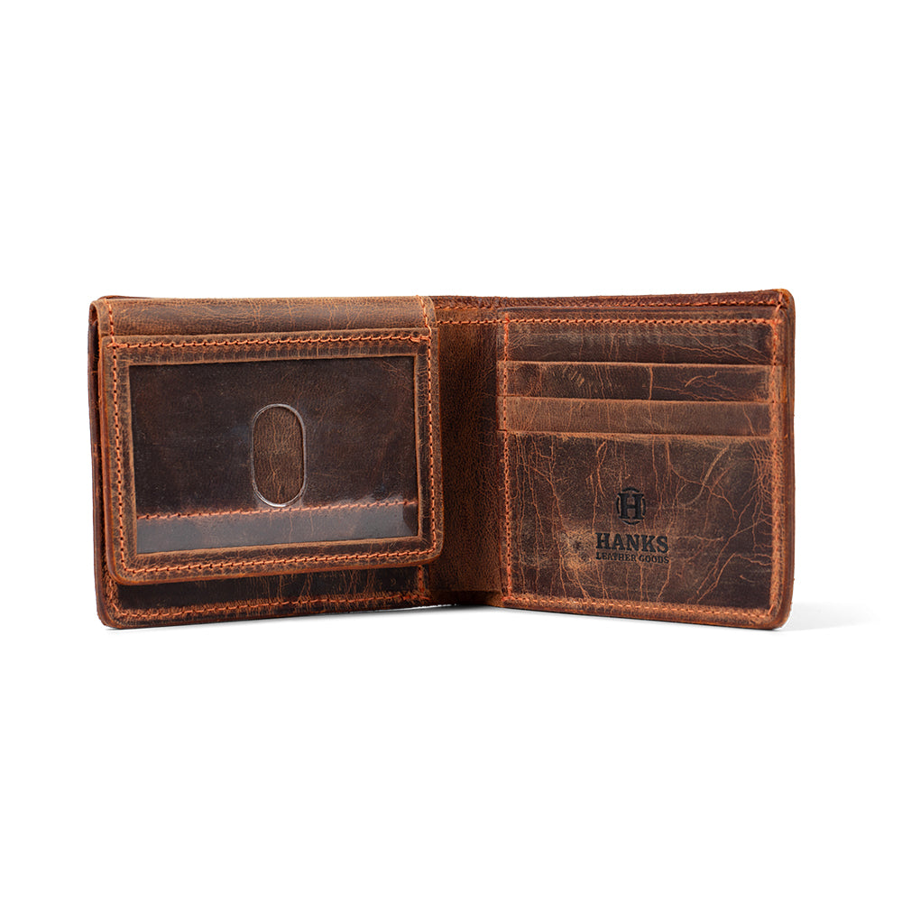 Premium Powell Bison Leather Bifold Wallet with ID Window - Slim RFID Blocking Men's Wallet for Everyday Carry & Travel