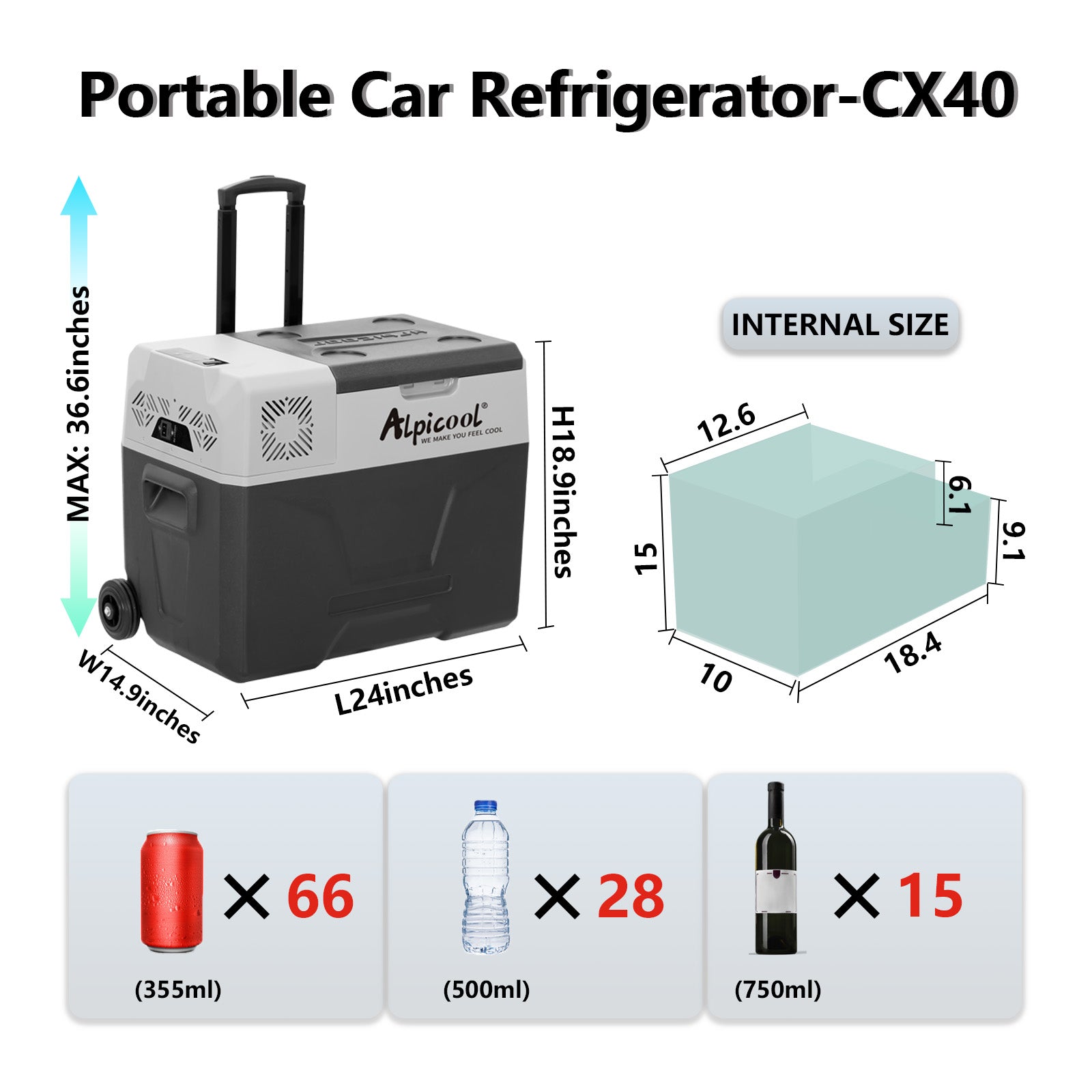Alpicool CX40 12V/24V Portable Car Refrigerator and Freezer - 40 Quart Electric Cooler for Road Trips, Camping, and Outdoor Adventures