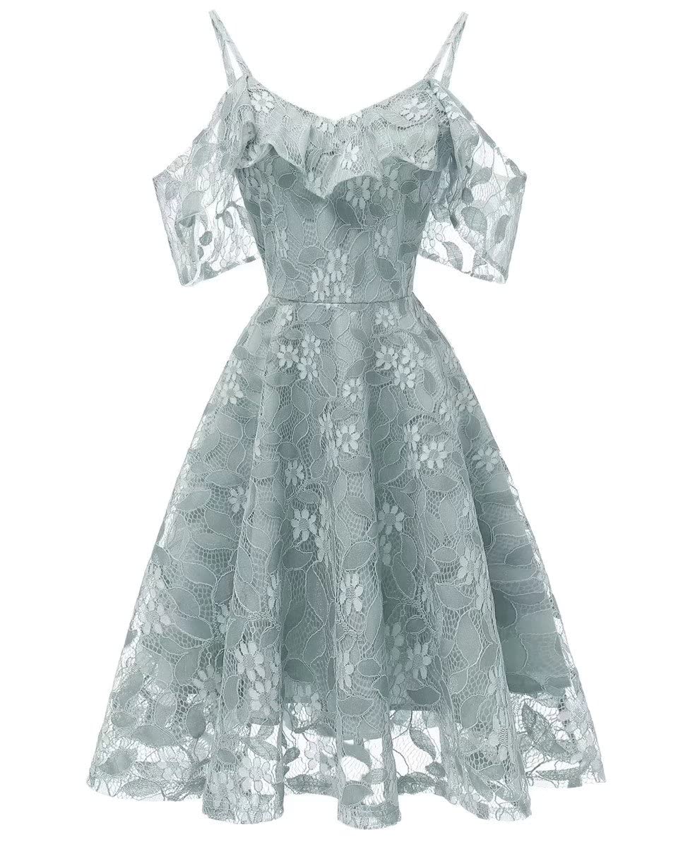 LLBubble Women's Short Lace Wedding Party Dress - Cold Shoulder Cocktail Homecoming Swing Dress for Bridal Shower, Prom & Formal Events