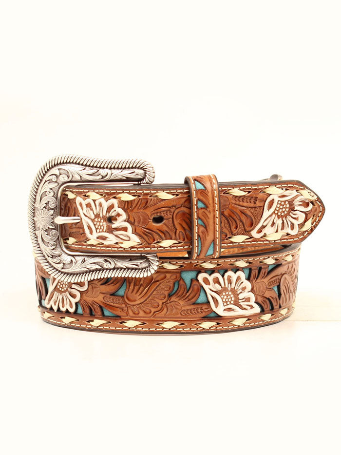 Nocona N3412308 Women's Brown Floral Embroidered Leather Belt with Buckle - Perfect for Western Outfits, Jeans, and Boho Fashion
