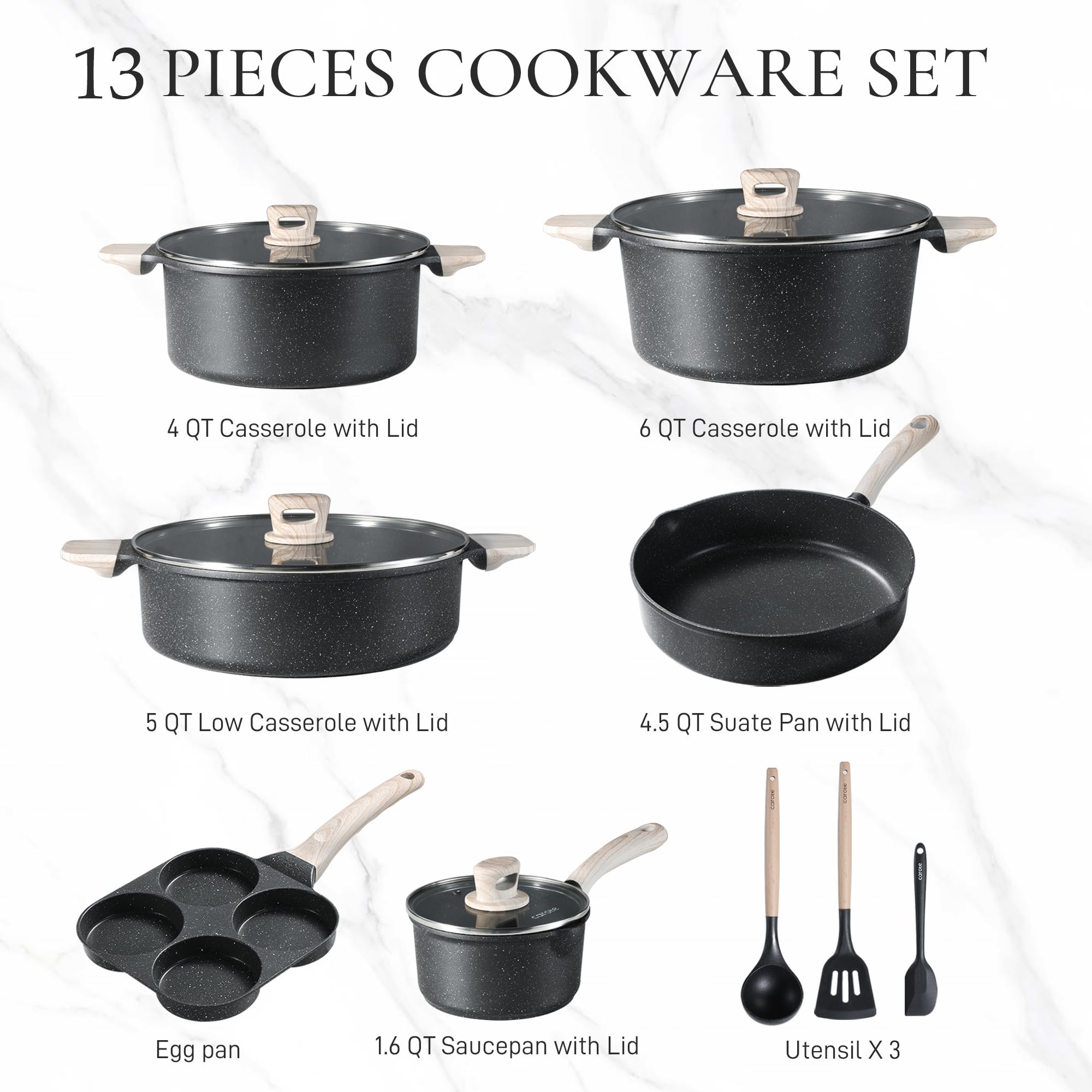 CAROTE Nonstick Cookware Set - 13-Piece Induction Kitchen Pots and Pans Set with Stock Pot & Saucepans, Classic Black | Perfect for Home Cooking, Professional Chefs & Everyday Meal Prep