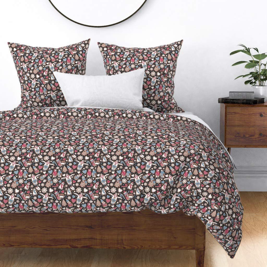 Premium Cotton Sateen Twin Duvet Cover - Christmas Penguin & Gingerbread Print with Snowflakes | Holiday Baking Themed Custom Bedding by Spoonflower | Perfect for Festive Bedroom Decor & Winter Home Styling