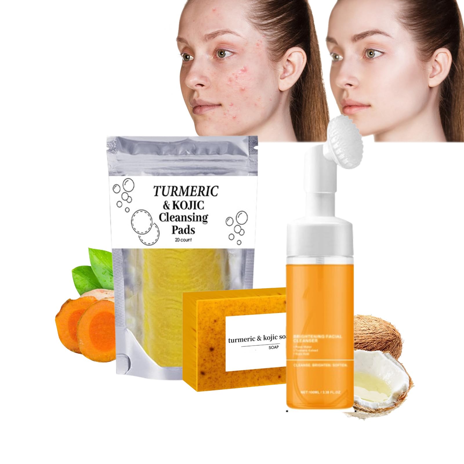 Organic Turmeric Face Wash & Soap Bar Set with Brush - Natural Skin Brightening & Acne Treatment - Gentle Cleansing for Glowing Skin - Perfect for Daily Skincare Routine & Travel