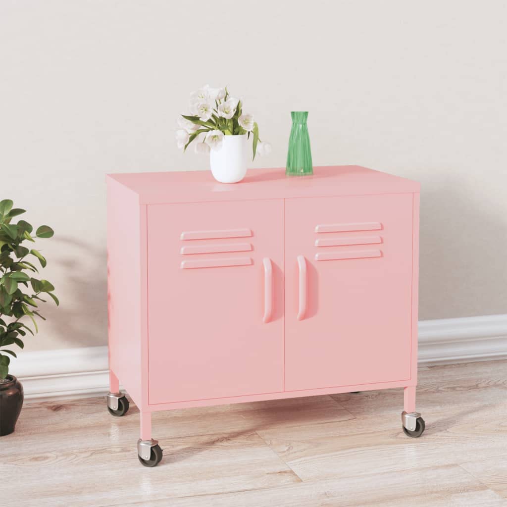 Pink Steel Storage Cabinet with Double Doors & Wheels - 23.6