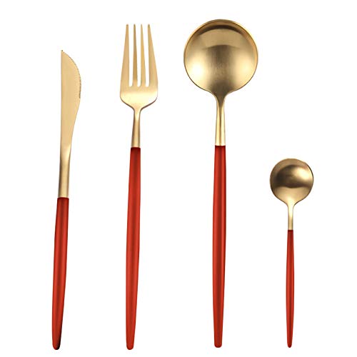 16-Piece Gold Plated Stainless Steel Silverware Set - 18/10 Dinner Knife & Fork Cutlery Set for Travel, Camping & Picnics - Elegant Red Tableware by ZZYY - Perfect for Outdoor Dining, Parties & Gifts