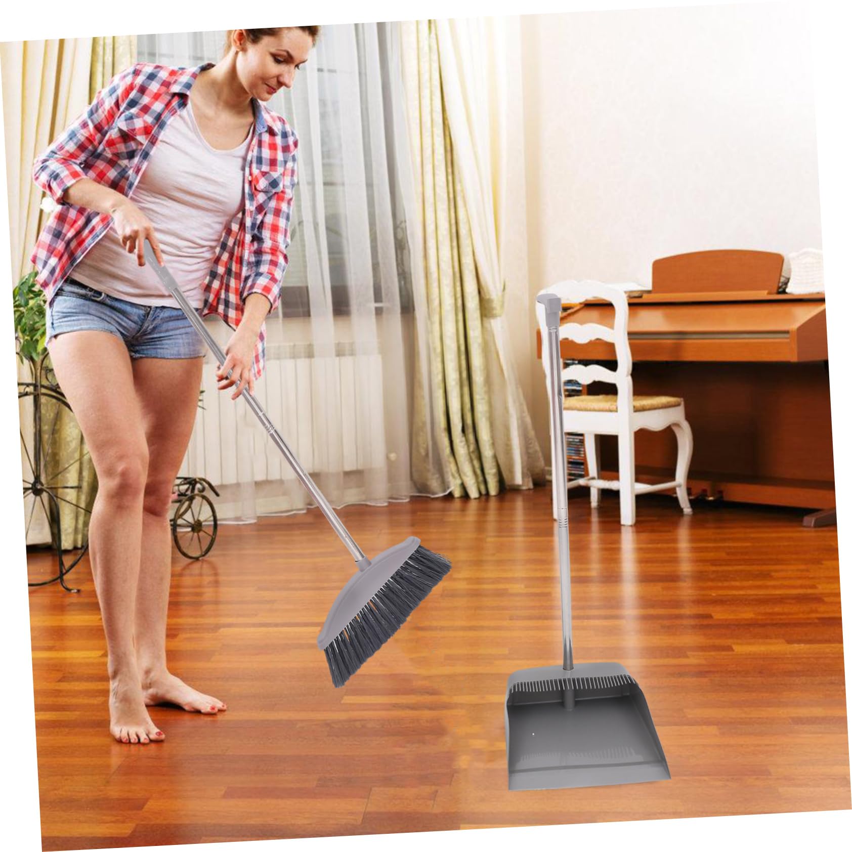 HEALLILY Outdoor Dustpan and Broom Set - Long Handle Stainless Steel Dustpan with Brush for Lobby, Room Cleaning, and Household Use - Ideal for Sweeping Floors, Patios, and Child-Friendly Areas