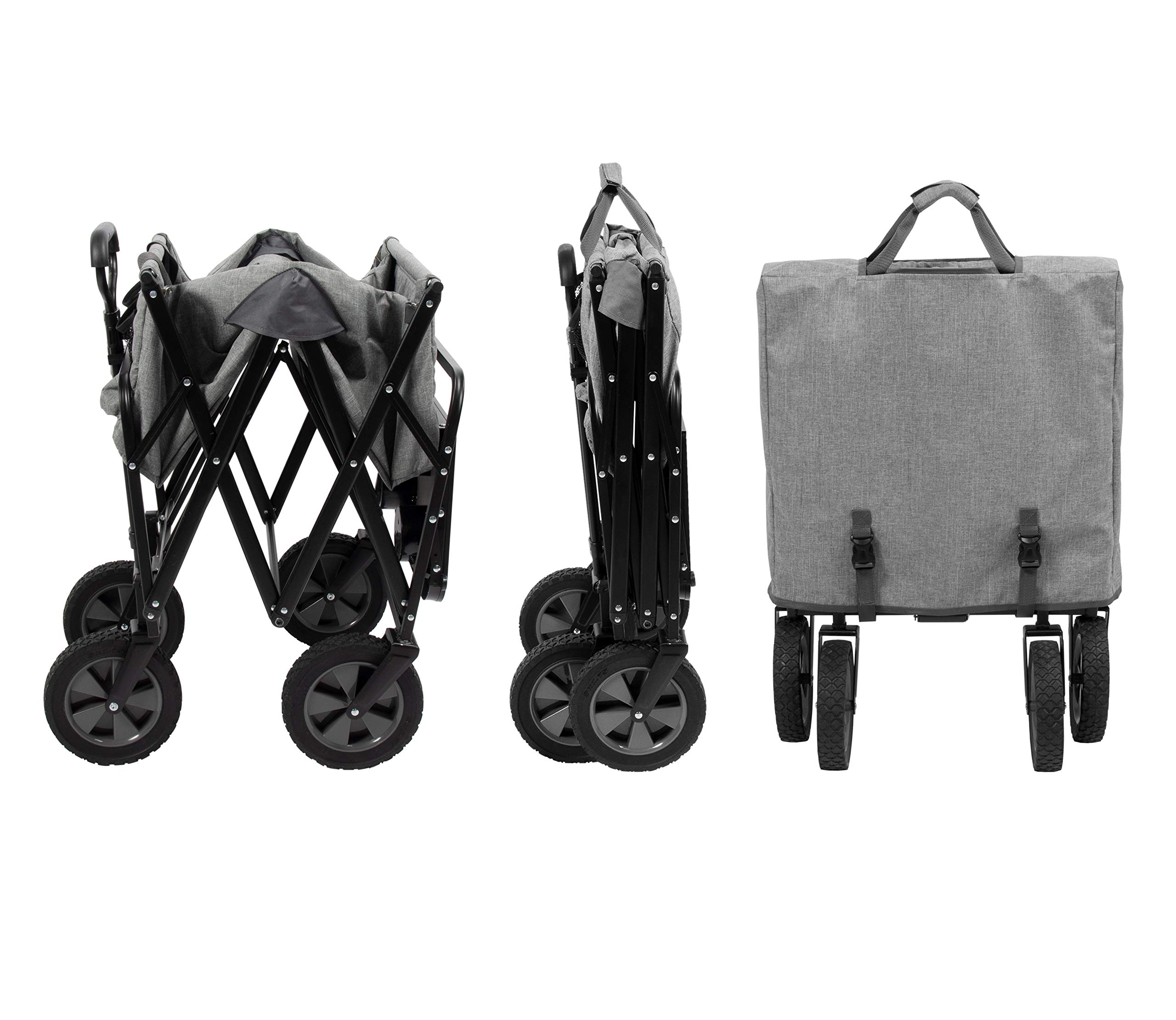 Mac Sports Collapsible Folding Outdoor Utility Wagon with Side Table - Light Grey Portable Cart for Beach, Camping, Picnic & Garden Use