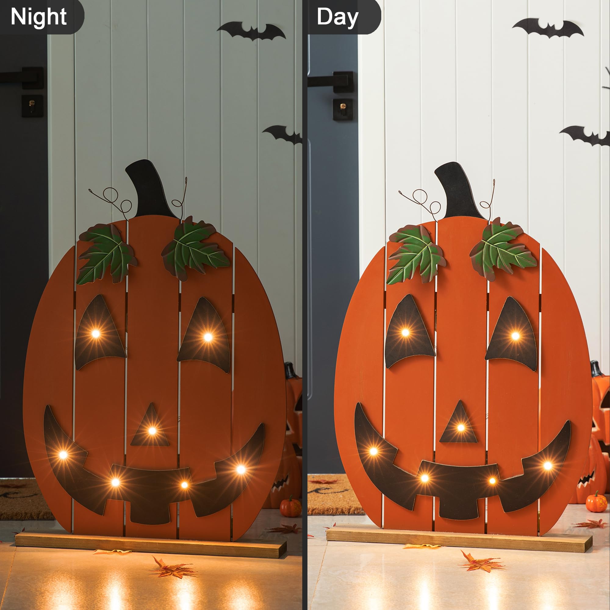 Glitzhome 30-Inch Wooden Halloween Porch Sign with Timer & 7 LED Jack-O'-Lanterns - Outdoor Fall Decor for Porch, Yard, and Halloween Party Decorations