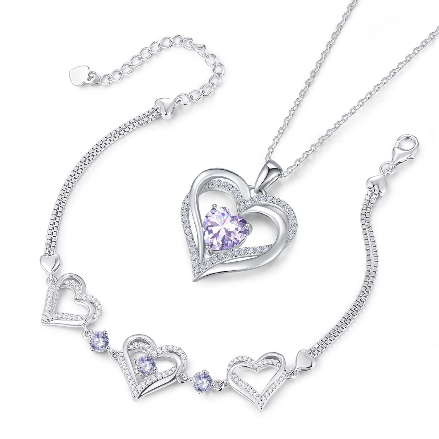 925 Sterling Silver Heart Necklace with Birthstone Pendant & Bracelet Set for Women - Romantic Anniversary, Birthday & Christmas Jewelry Gift for Her, Sister, Friends - Perfect for Date Nights, Special Occasions & Everyday Wear