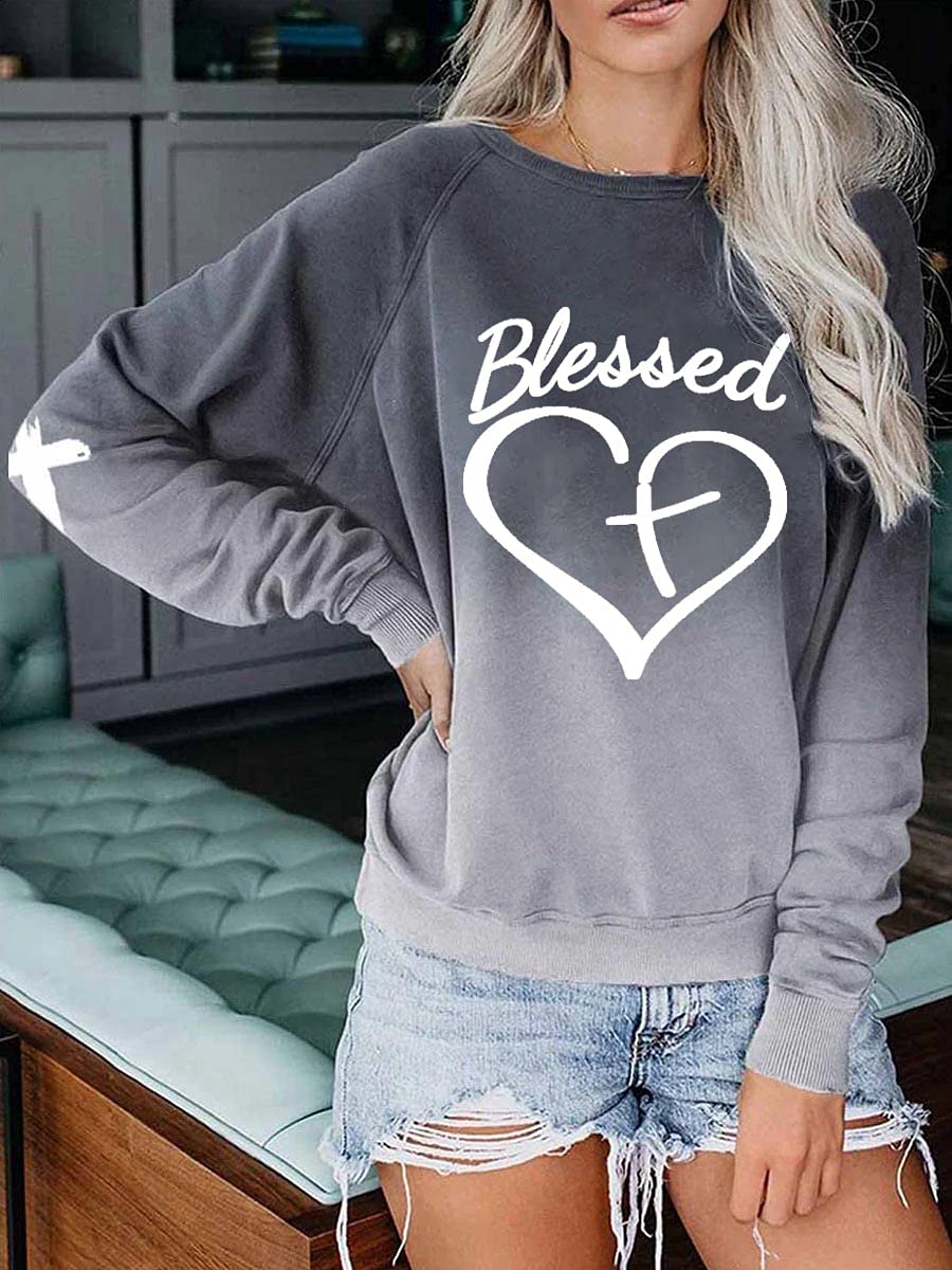 SameeFloral Blessed Cross Heart Gradient Sweatshirt - Jesus Has My Back Christian Women's Hoodie for Church, Bible Study & Everyday Faith Wear