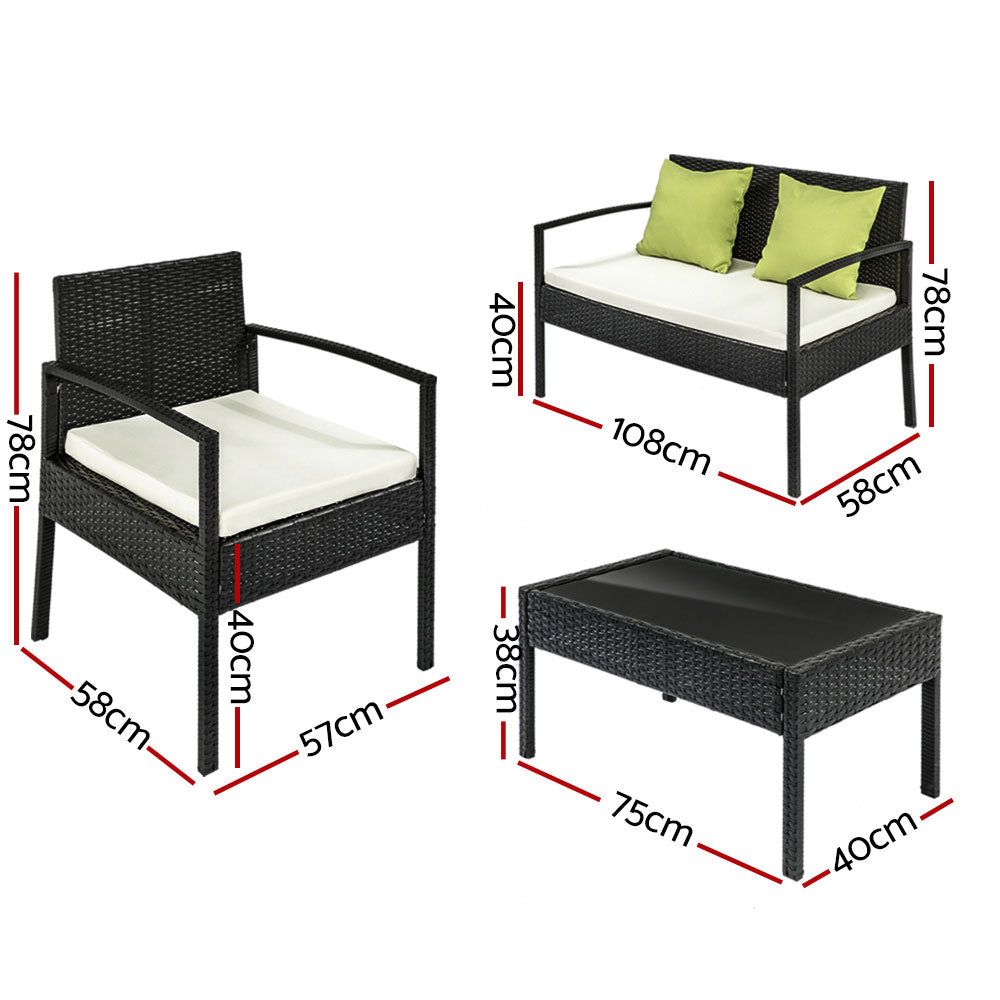 4-Seater Outdoor Wicker Sofa Set with Table and Cushions - Patio Garden Furniture for Lounge, Bistro & Backyard Relaxation - Black Rattan Furniture