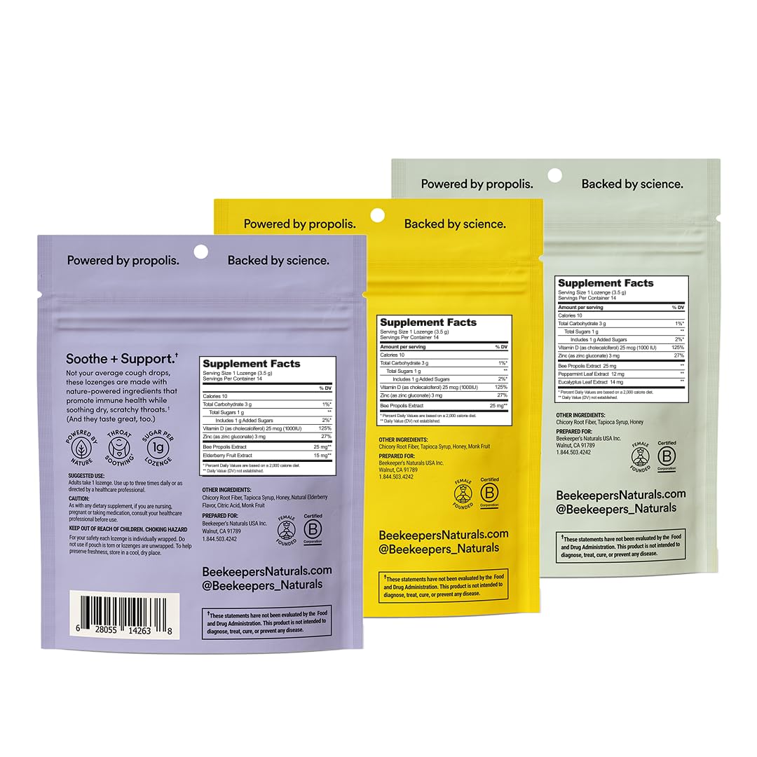 Beekeeper's Honey Cough Drops - 3 Flavors Pack with Zinc & Vitamin D for Sore Throat Relief - Home & Travel Use