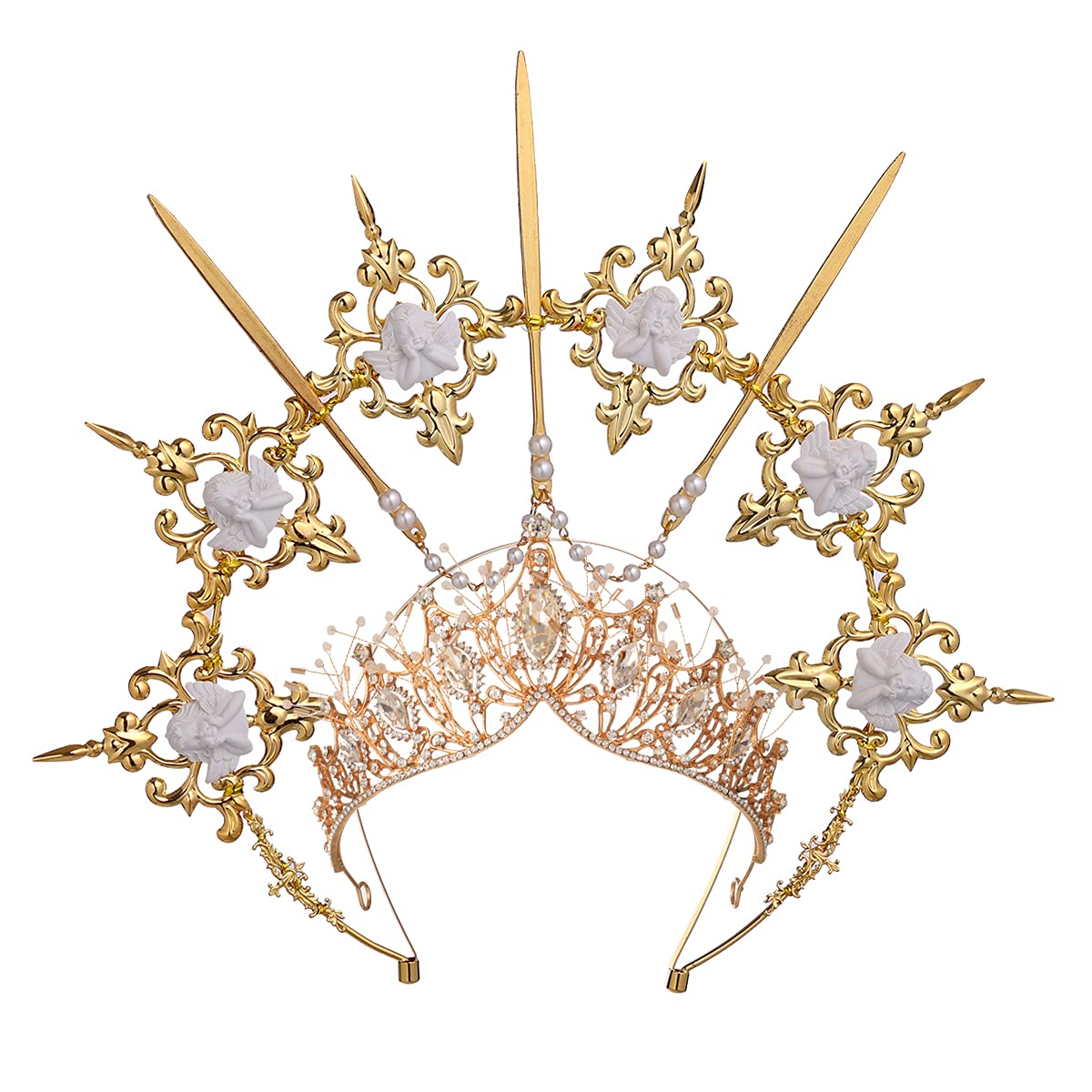 BLESSUME Halo Crown Mary Goddess Headband for Women - Gold Leaf Headpiece for Halloween Costume, Cosplay, Bridal Accessories & Boho Festival Fashion