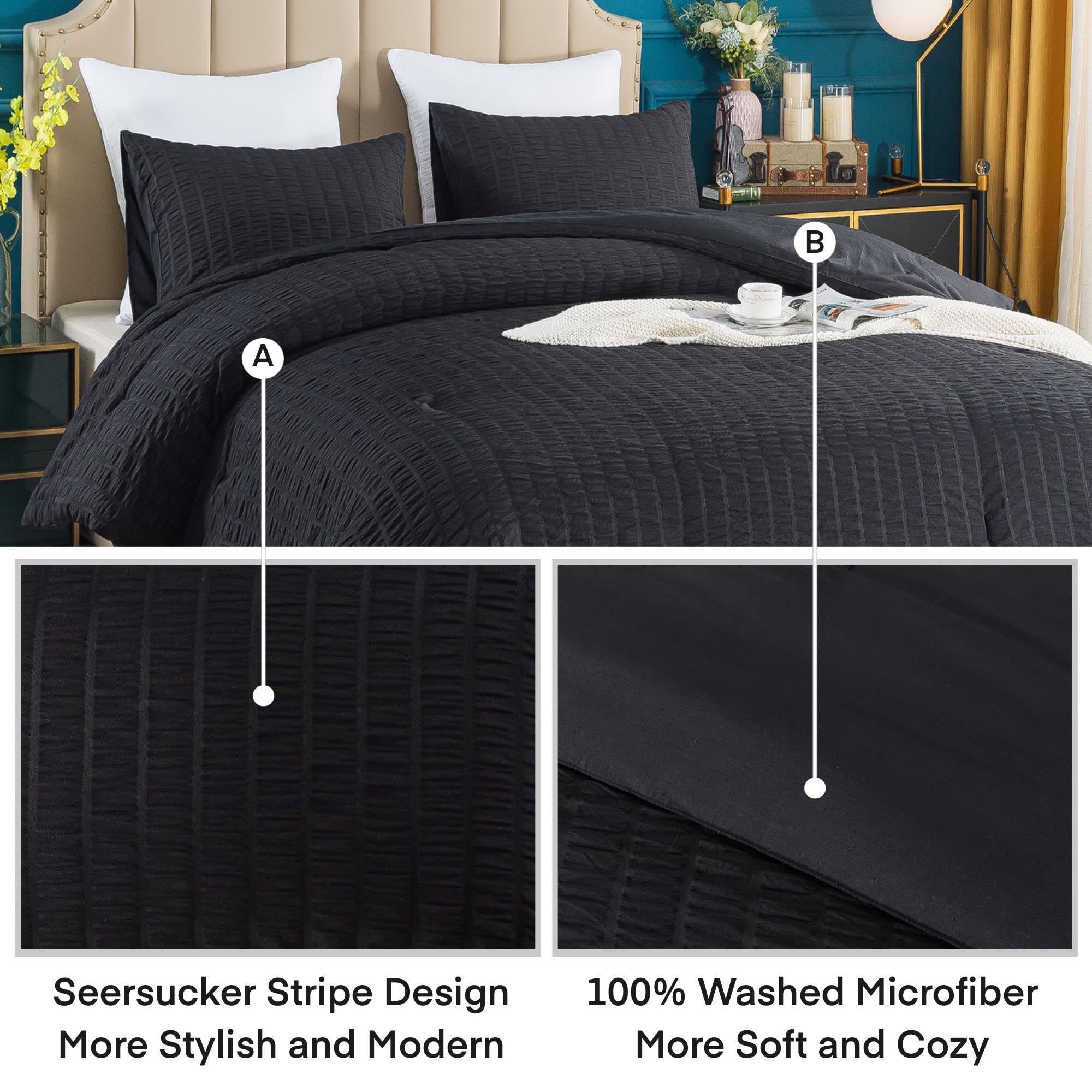 AveLom Seersucker King Size Comforter Set (104x90 Inches) - 3 Piece 100% Soft Washed Microfiber Lightweight Bedding Set with 2 Pillowcases | All Season Down Alternative Duvet Cover | Perfect for Master Bedroom, Guest Room & Dorm Decor | Black
