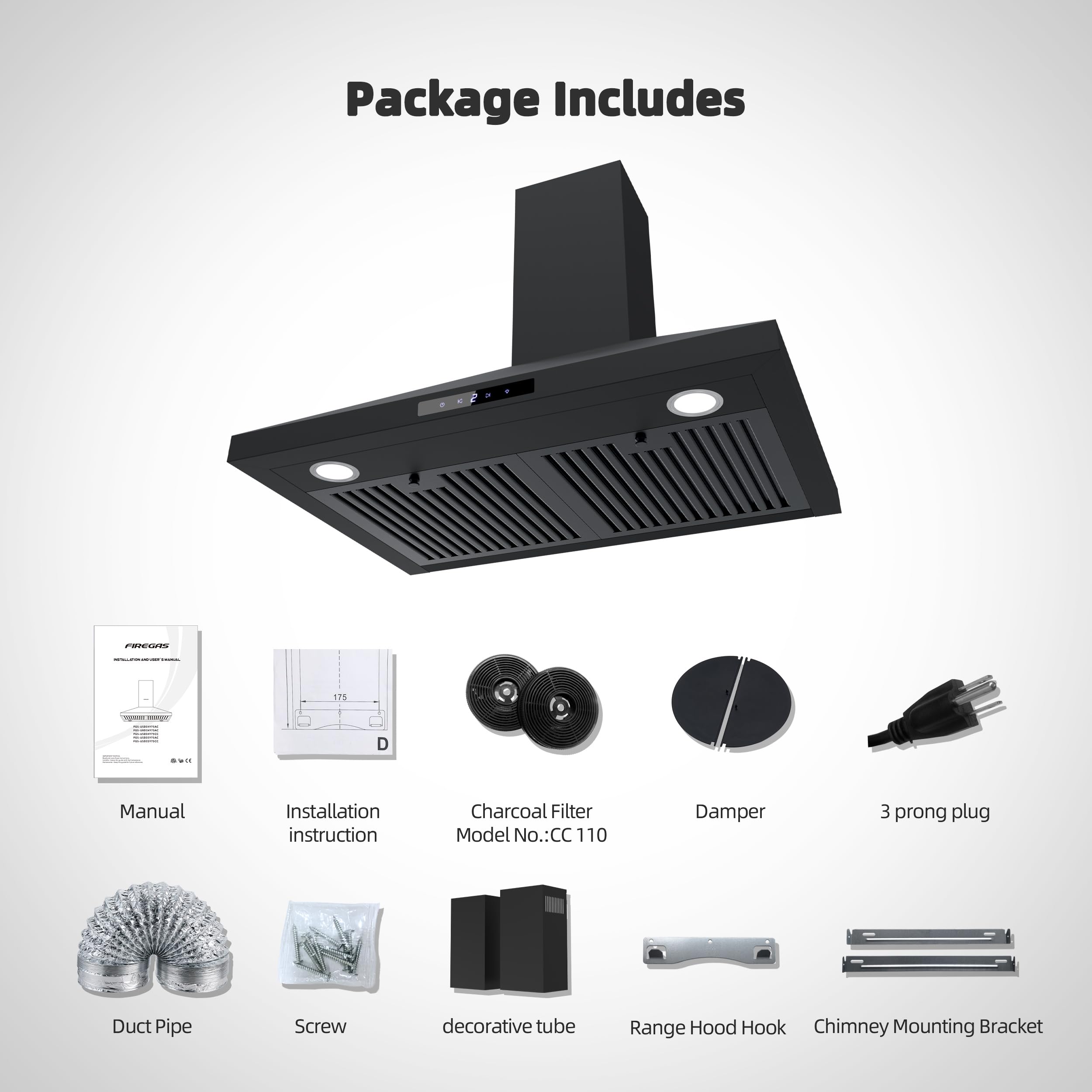 FIREGAS 30-inch Black Convertible Wall Mount Range Hood - 450 CFM Kitchen Vent Hood with Brushless Motor, 9-Speed Fan, LED Lights & Permanent Filters - Ideal for Home Kitchens, Restaurants & Cooking Spaces