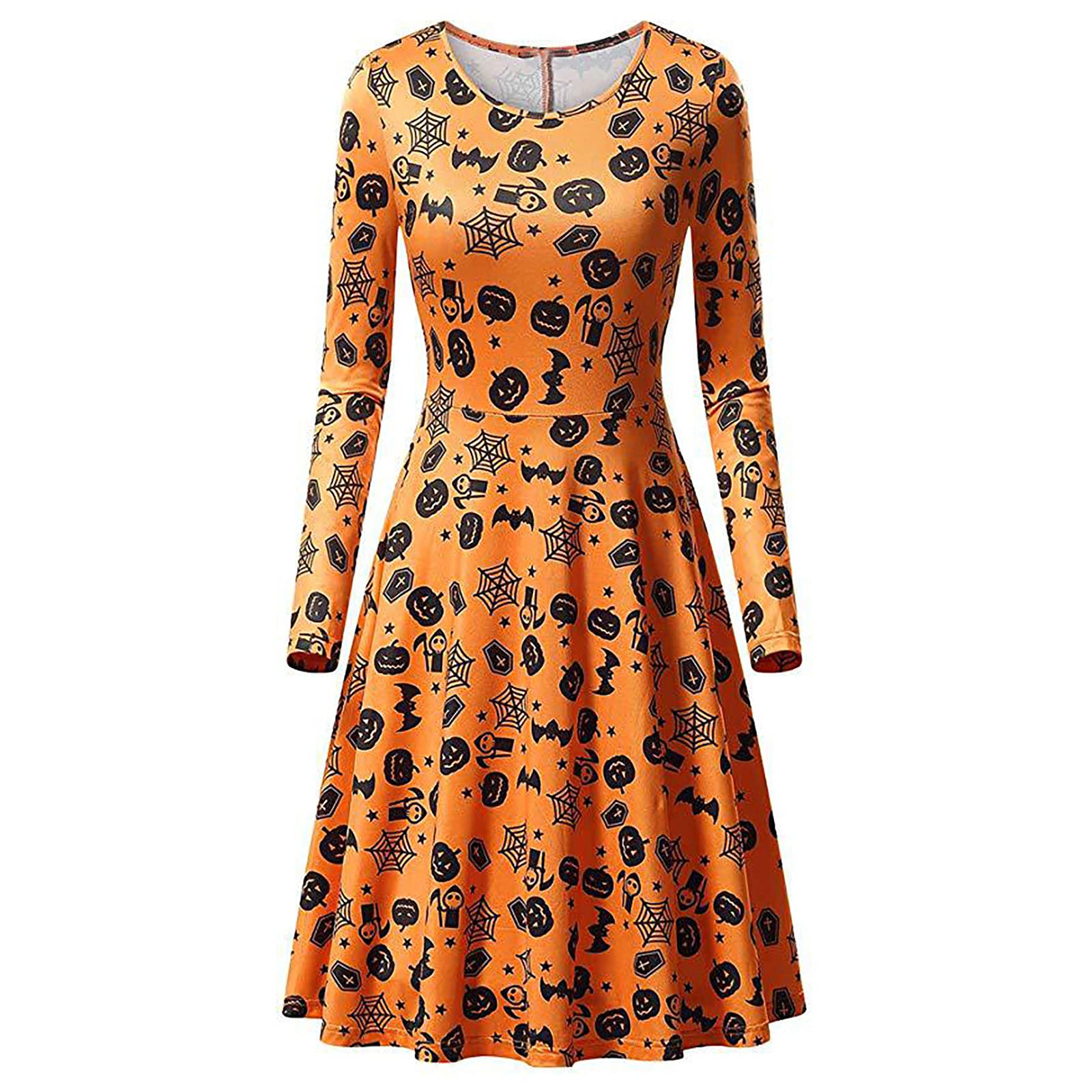 Vintage 1950s Halloween Masquerade Dresses for Women - Long Sleeve O-Neck Evening Party Dress with Retro Print | Perfect for Halloween Costume Parties, Themed Events & Vintage Fashion Lovers