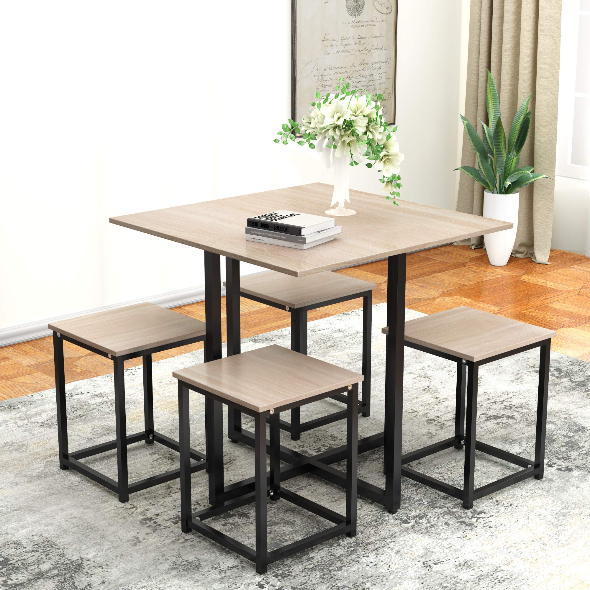 5-Piece AUTOKOLA Industrial Dining Set - Square Steel Table & 4 Bar Stools (Oak Finish) for Kitchen, Living Room & Bar | Fast 3-7 Day Delivery | Perfect for Small Spaces, Breakfast Nooks & Entertaining Guests