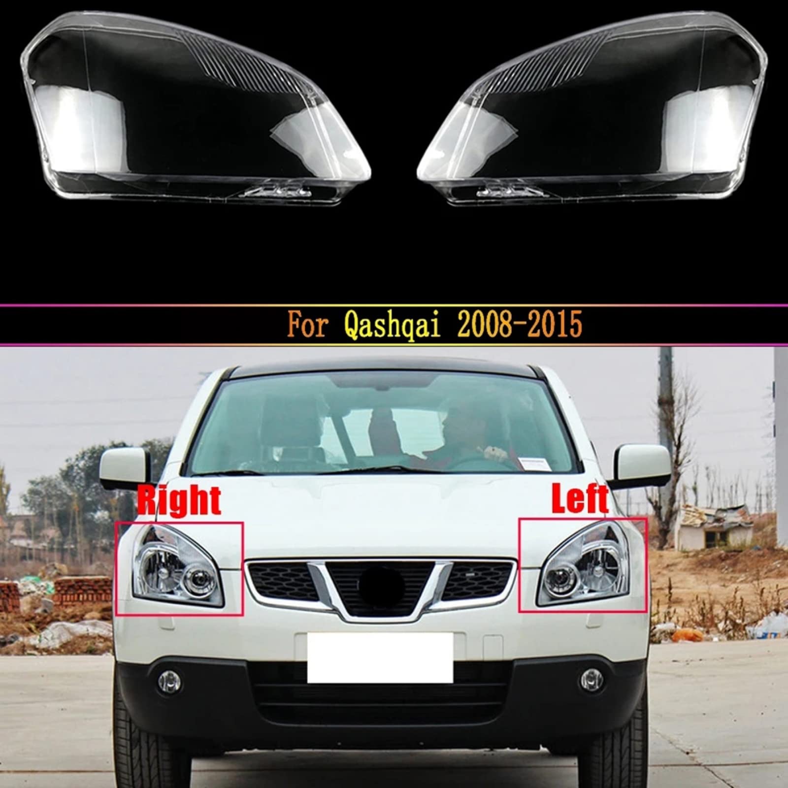 Nissan Qashqai 2008-2015 Car Headlight Lens Cover Set - Left & Right Front Headlight Lamp Shade Replacement - Perfect for Night Driving & Foggy Conditions