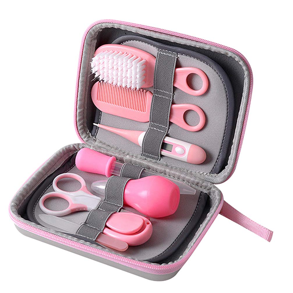 NUOBESTY 8-in-1 Baby Grooming Kit - Infant Nail Clippers, Nail File, Tweezers, Hair Brush, Comb & More for Newborn Toddler Care (Pink) - Perfect Baby Shower Gift & Essential Nursery Healthcare Set