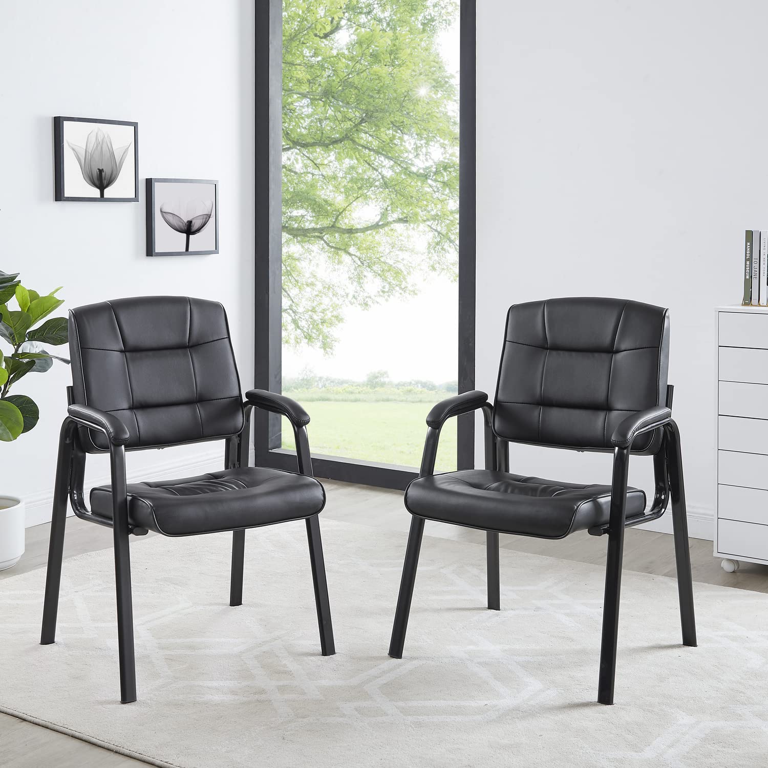 Naomi Home 2-Piece Heavy Duty Leather Executive Waiting Room Chairs Set - Black - Padded Armrest Lobby Reception Chairs for Office, Clinic, Hotel, and Conference Room Guest Seating
