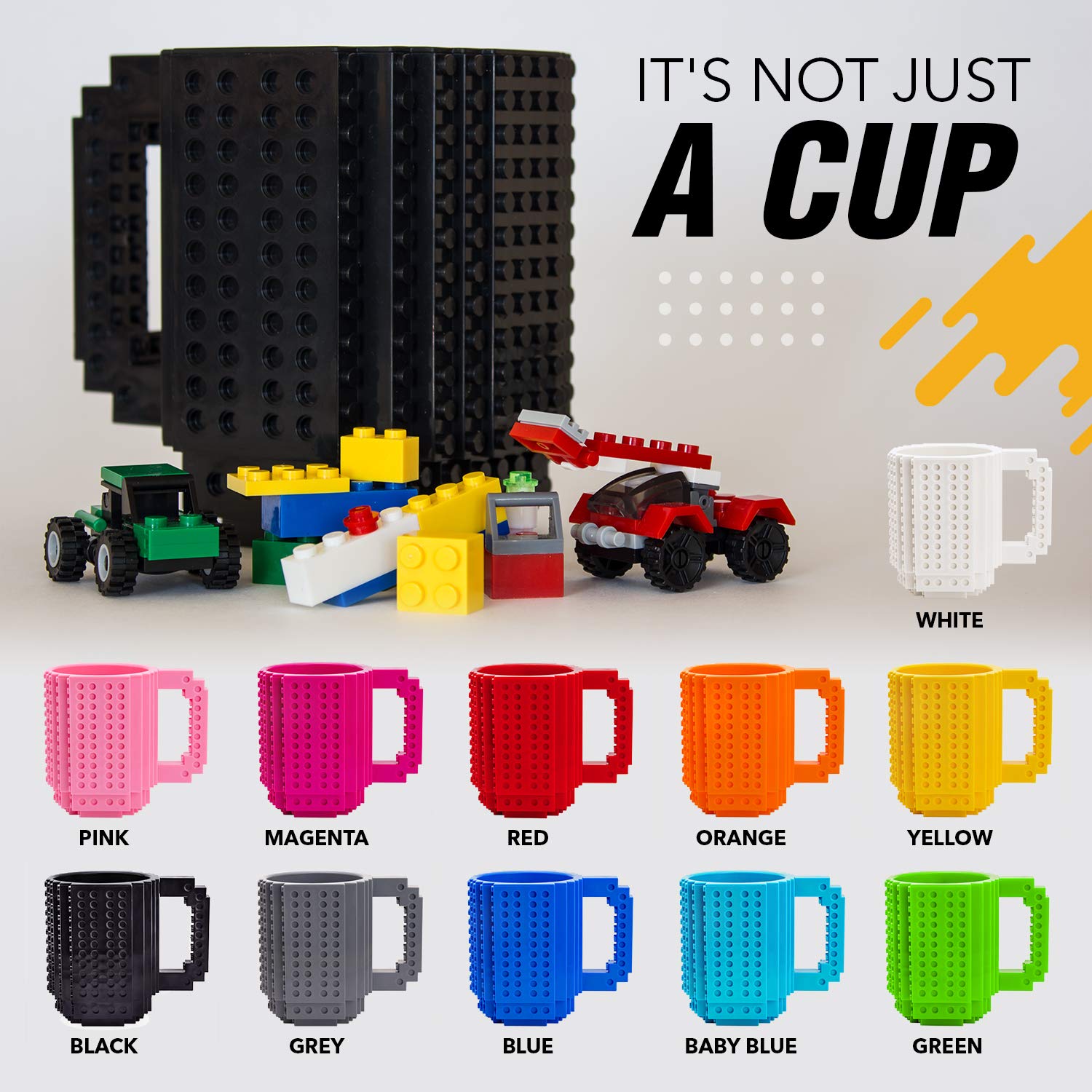 BPA-Free Building Block Cups for Kids - 16OZ Creative DIY Stackable Brick Mug (Black) - Perfect for Playtime, STEM Learning & Fun Party Favors